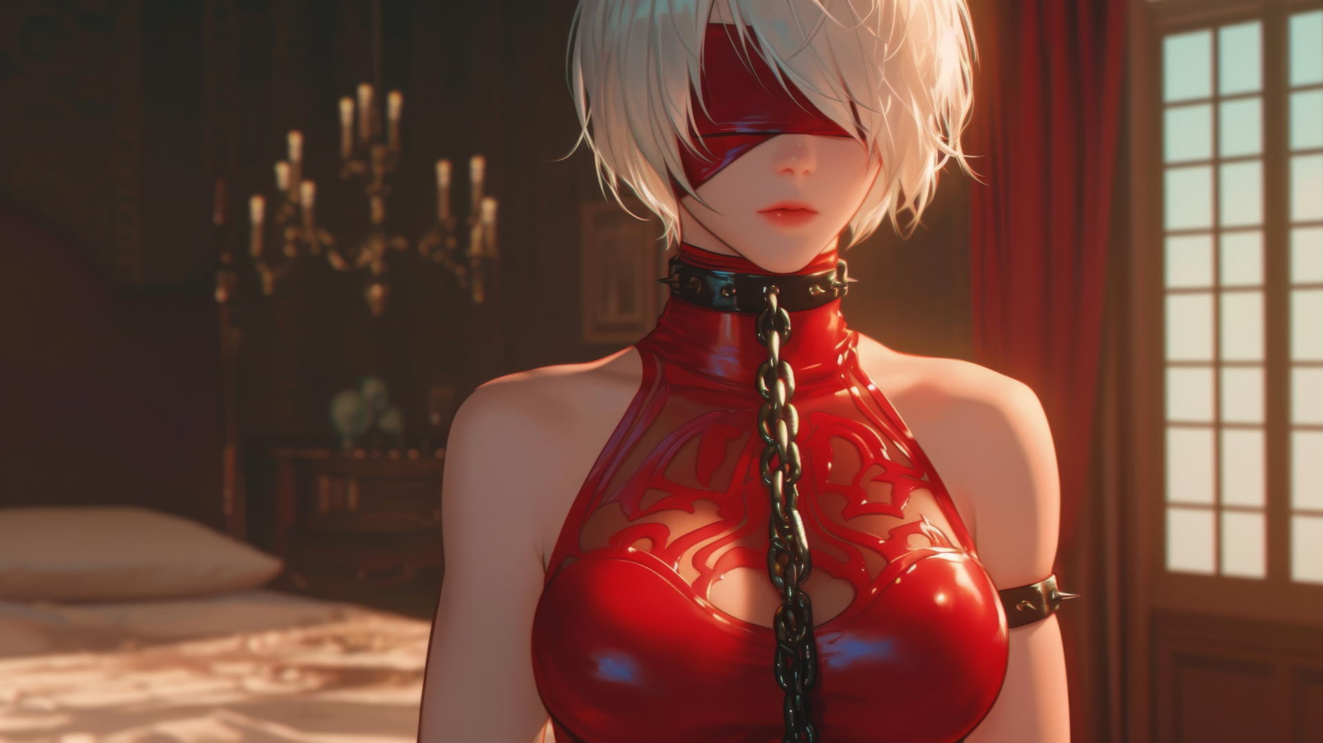 2B from Nier, chained neck, wearing red, blindfolded, in a modern hotel room