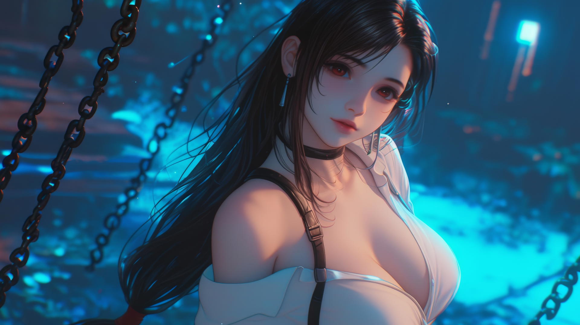 Tifa Lockhart from Final Fantasy in a white office shirt, chained in a dark basement with neon light.
