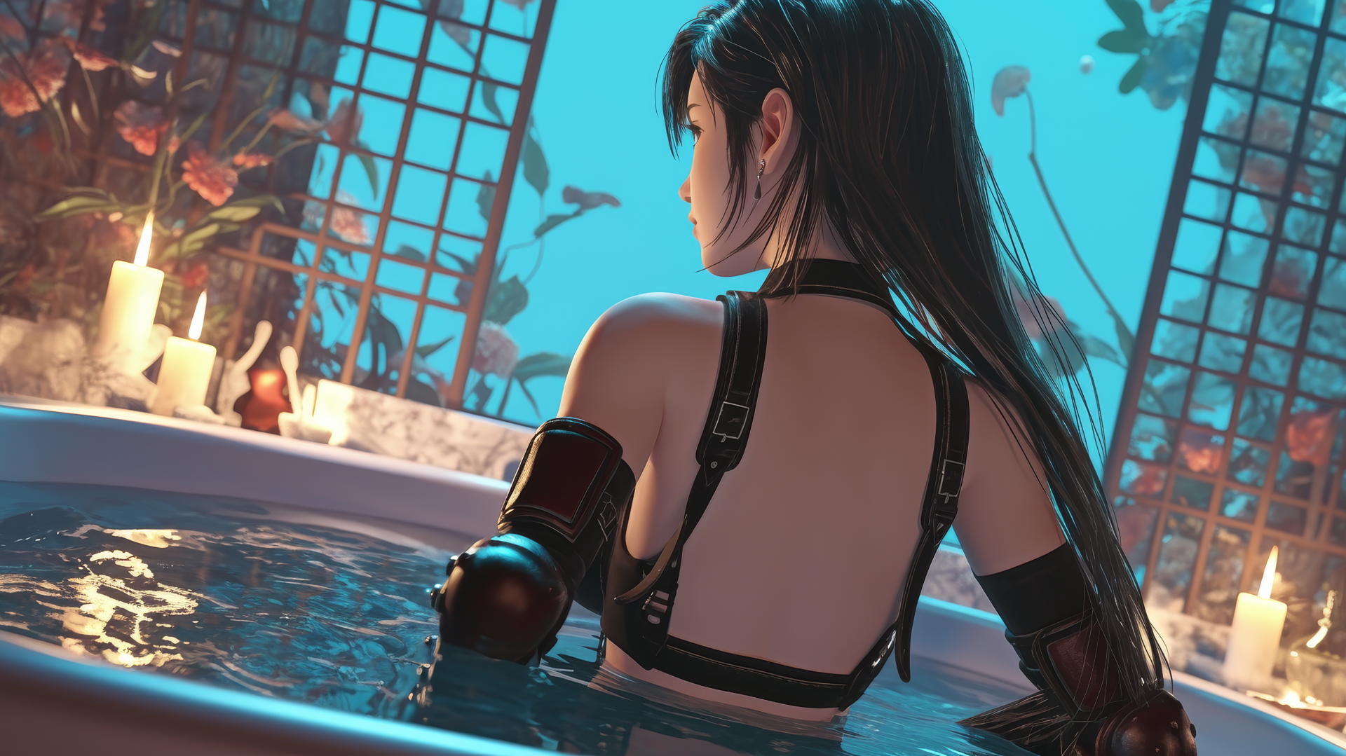 Tifa Lockhart from Final Fantasy at a modern apartment tub, warm light casting a soft glow.