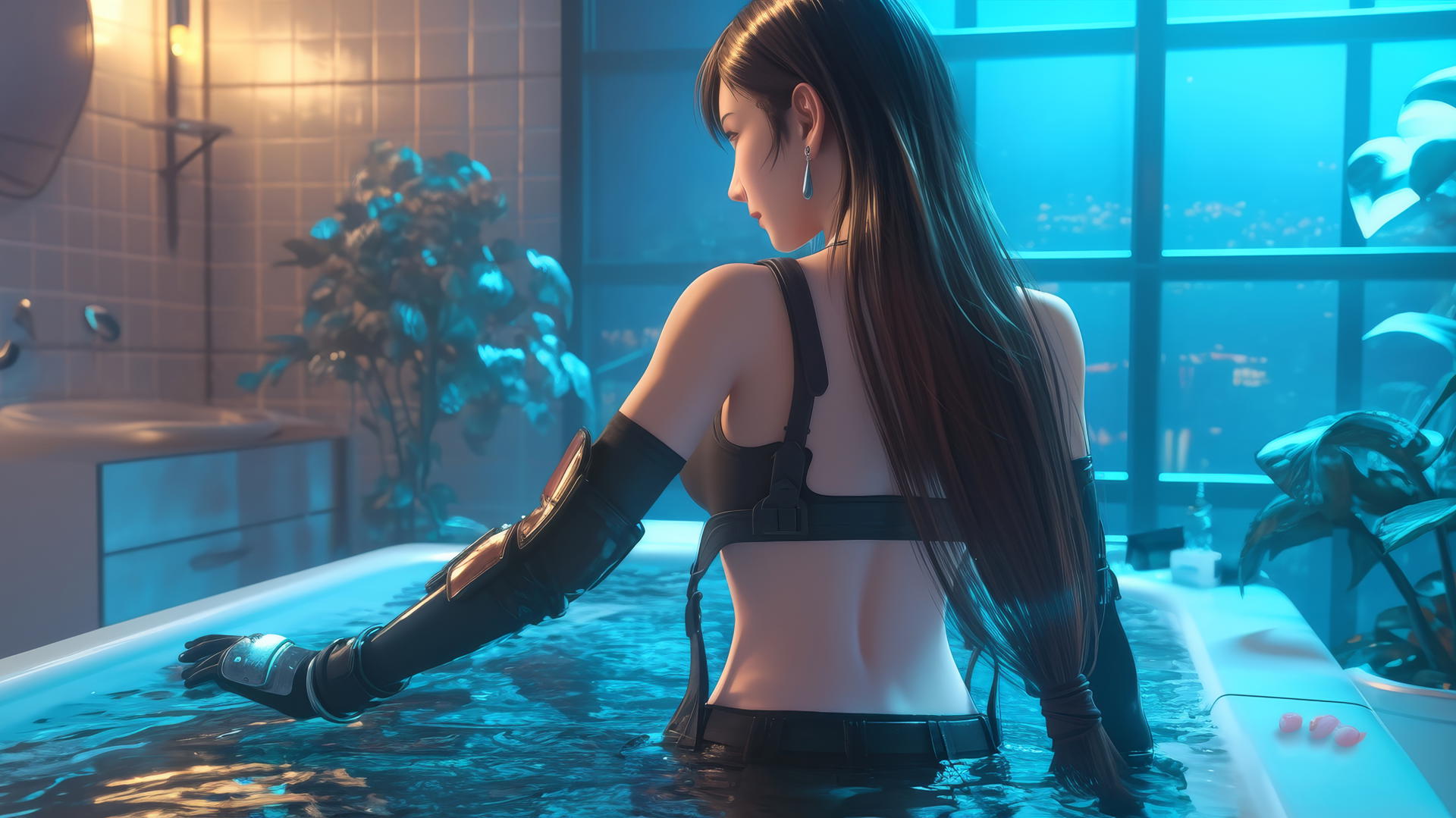 Tifa Lockhart from Final Fantasy facing away, standing at tub in modern apartment