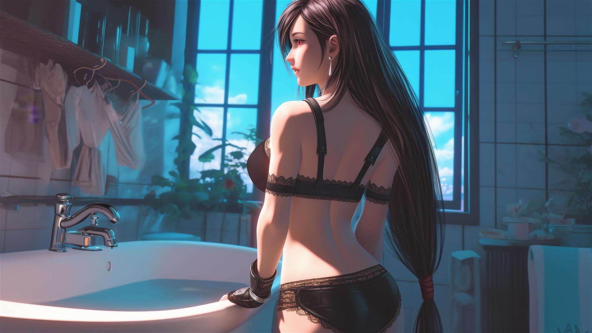 View of Tifa Lockhart from behind in a modern apartment with warm light.