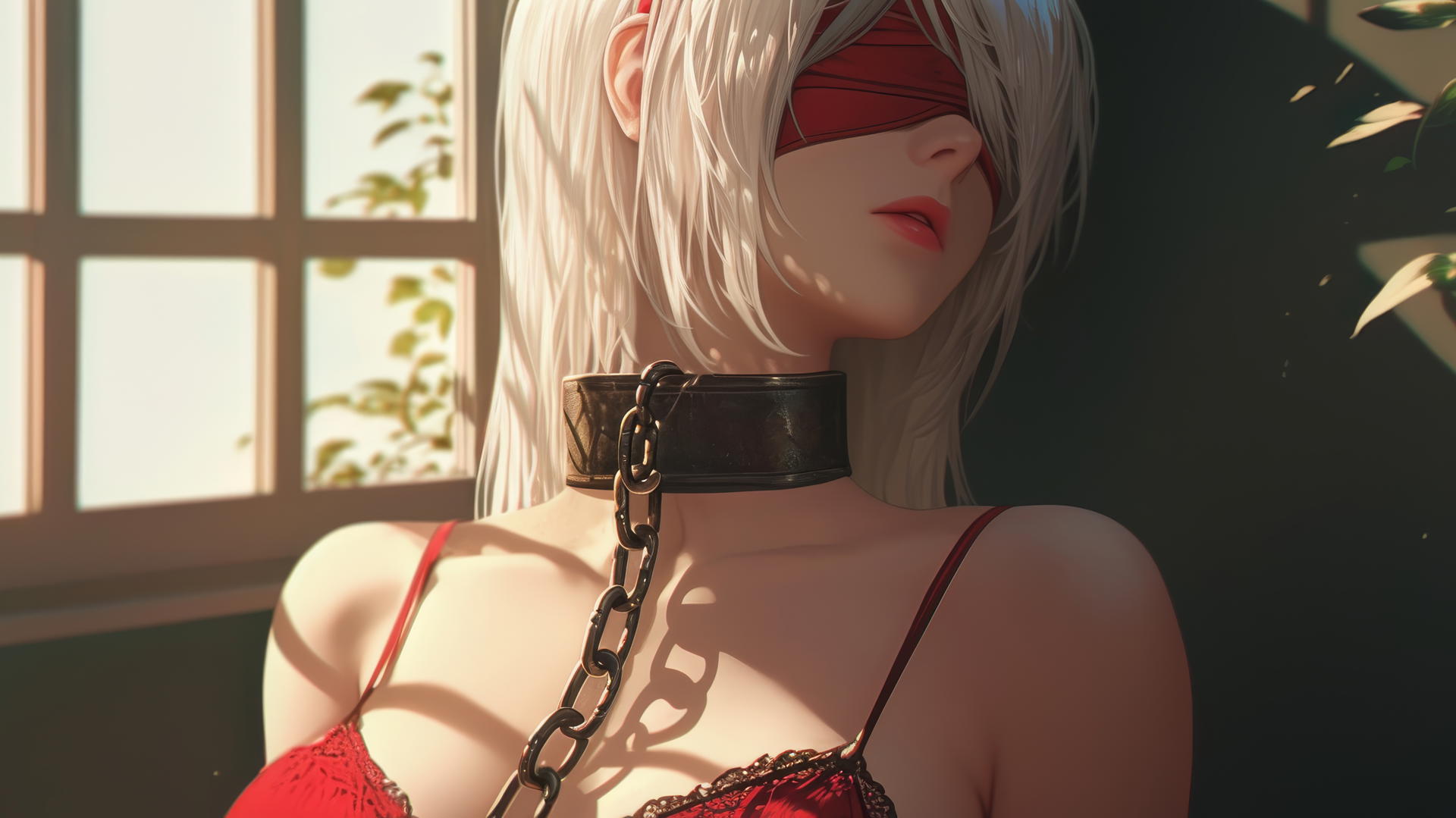 2B from Nier with iron chains around her neck, in a modern hotel room, wearing a red blindfold and all red clothing.
