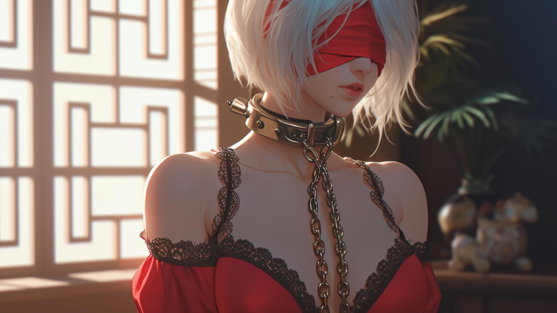 2B from Nier with iron chains around her neck, wearing a red outfit and blindfold, in a warmly lit modern hotel room