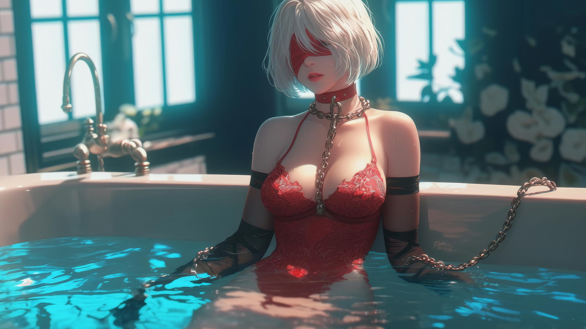 2B from Nier wearing a red blindfold and red attire, chained by the neck.