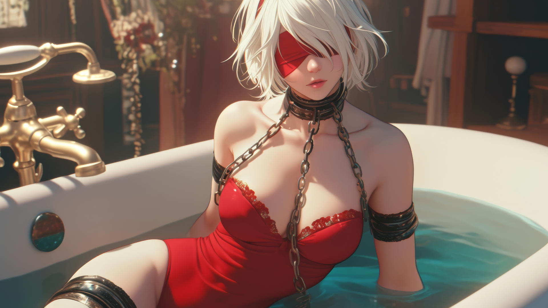 2B from Nier in chains, wearing red with a blindfold, in warm light