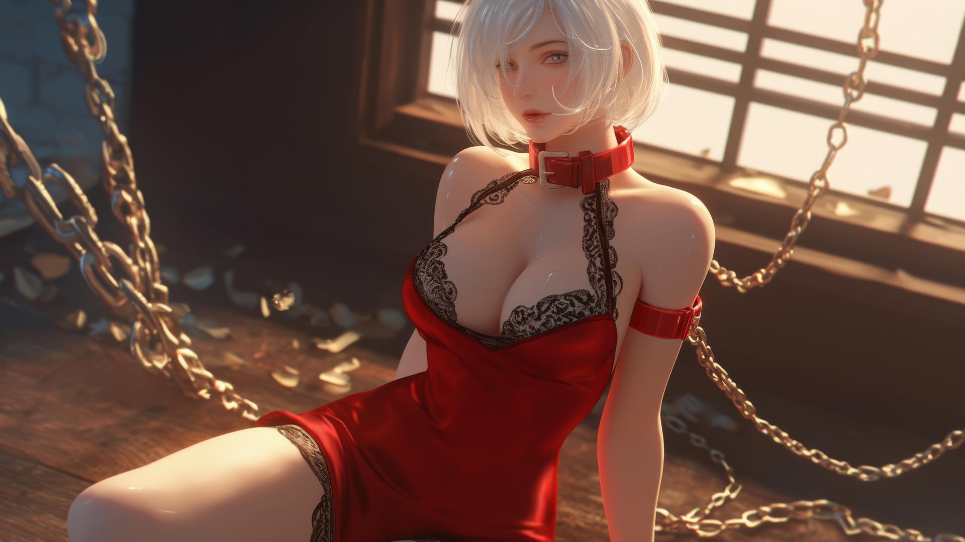 2B from Nier with iron chains around her neck, all red attire, in a tub with warm light glow.