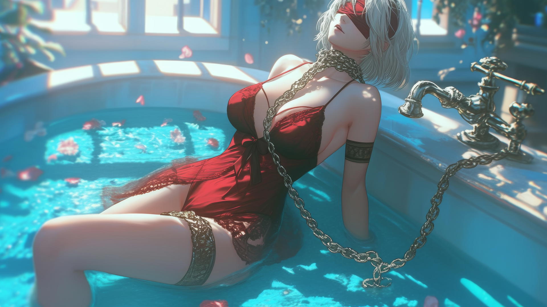 2B from Nier in red, chained at the neck, in a modern apartment tub