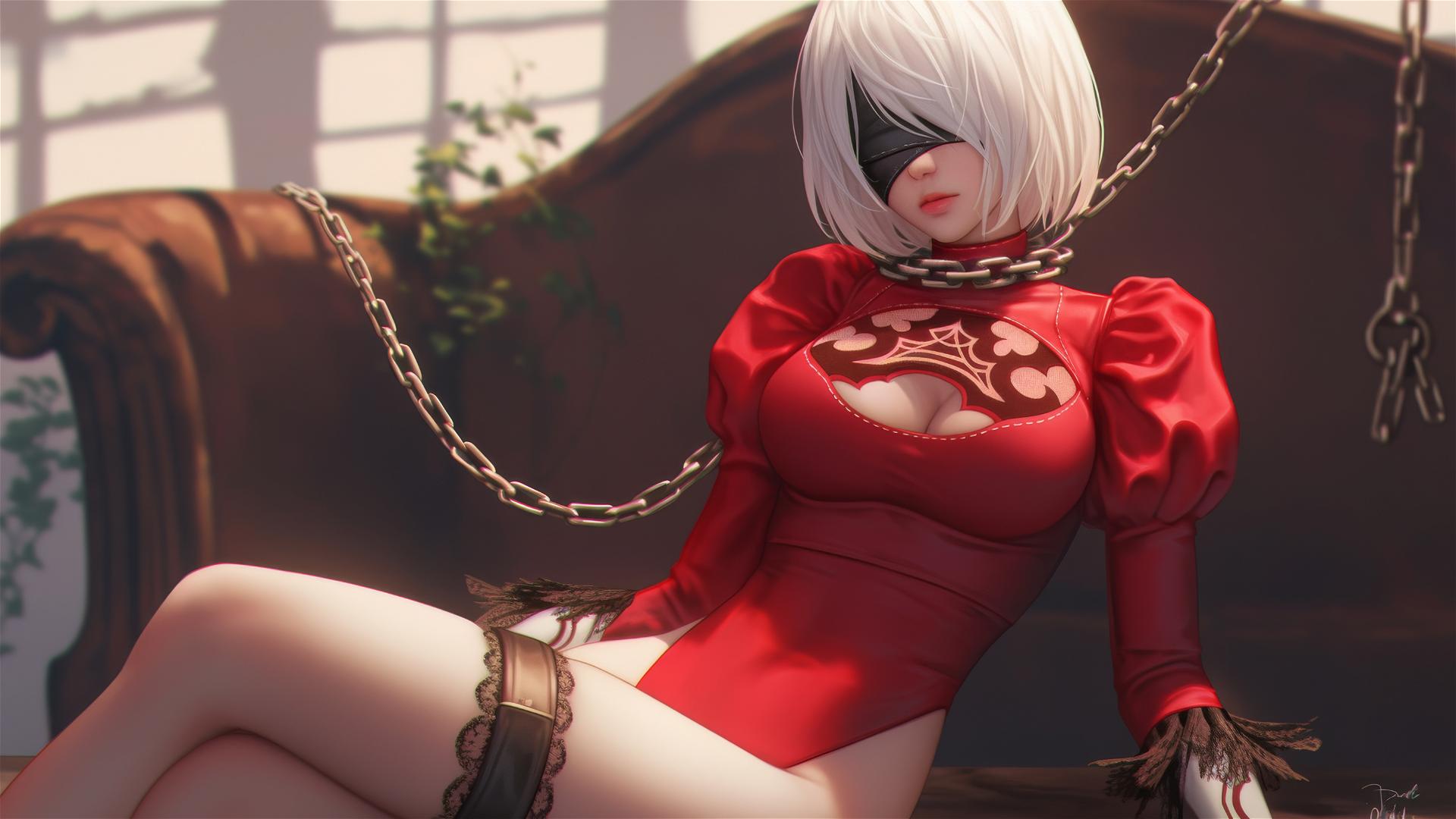 2B from Nier in red, chained at the neck, in a modern apartment tub with warm lighting.