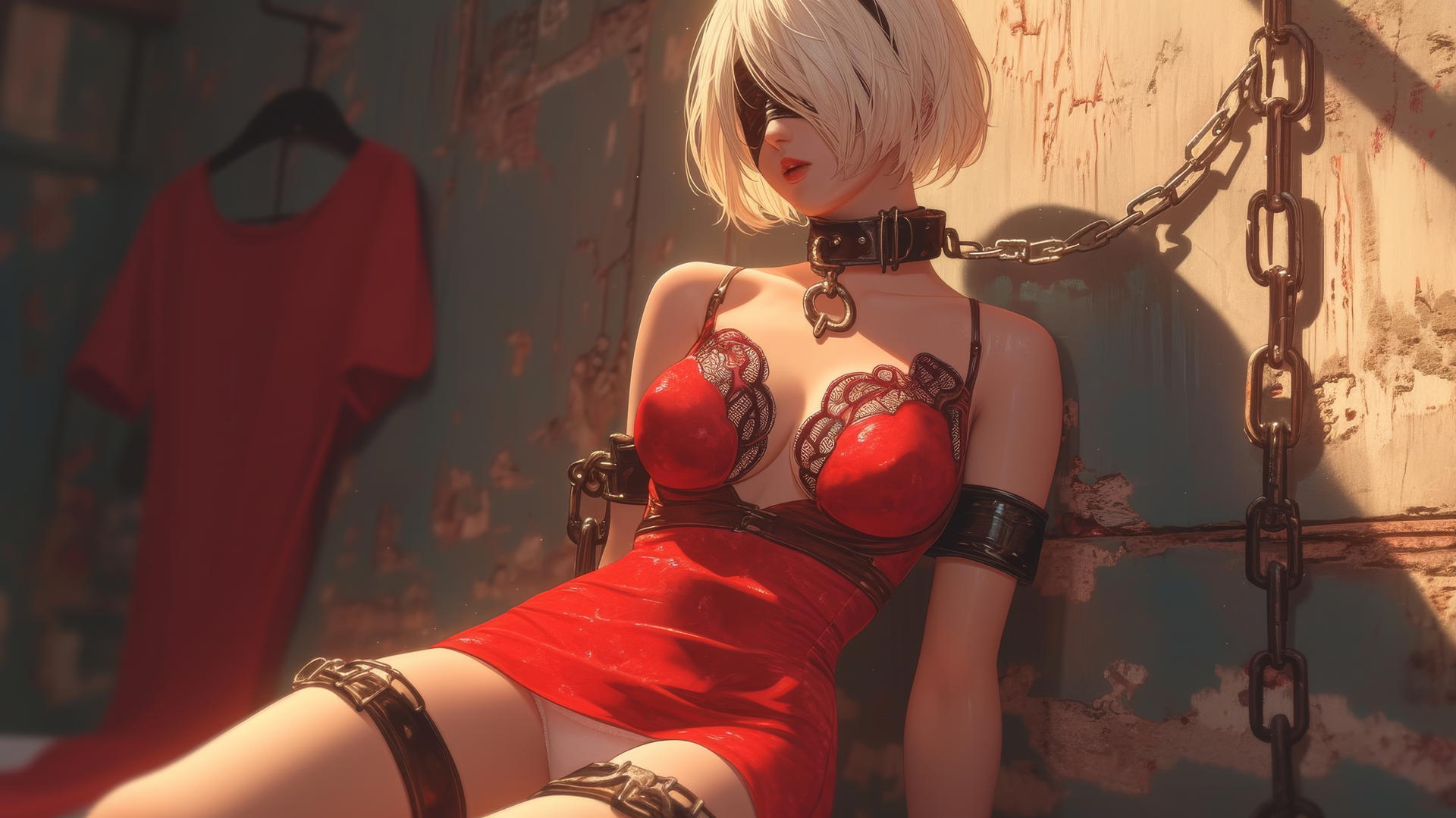 2B from Nier chained by the neck in a red outfit and blindfold, in a warmly lit tub.