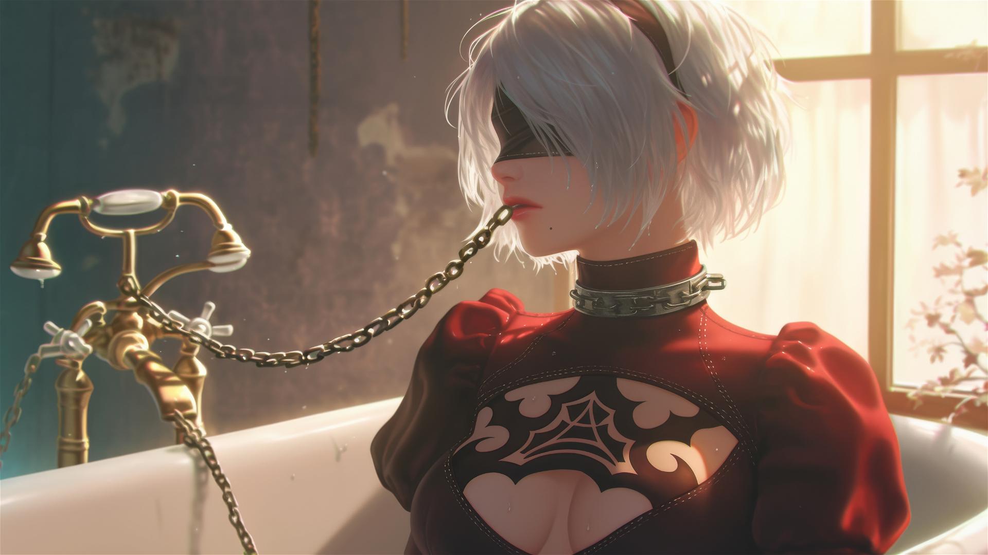 2B from Nier in a tub, chained by the neck, wearing red with a blindfold, under warm light.