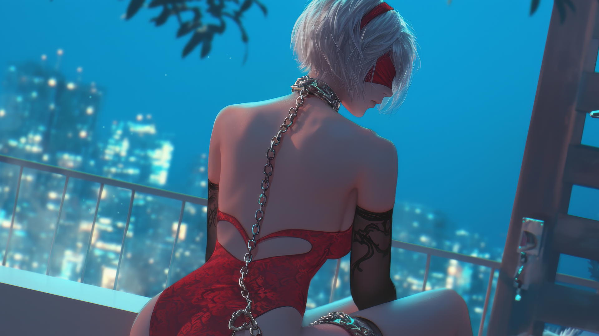 2B from Nier in red, neck locked with chains, in a modern apartment with soft lighting
