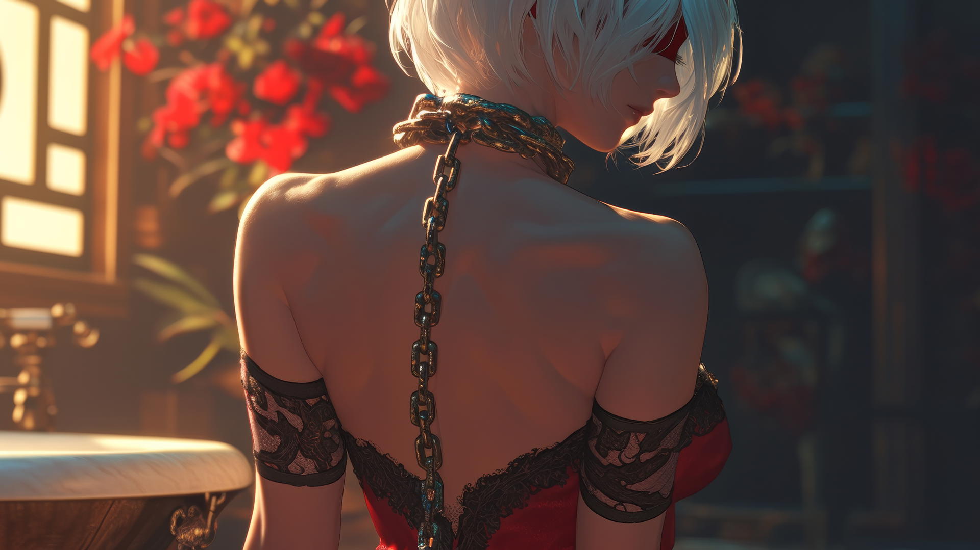 2B from Nier in a modern apartment, neck locked with iron chains, wearing a red blindfold and outfit.