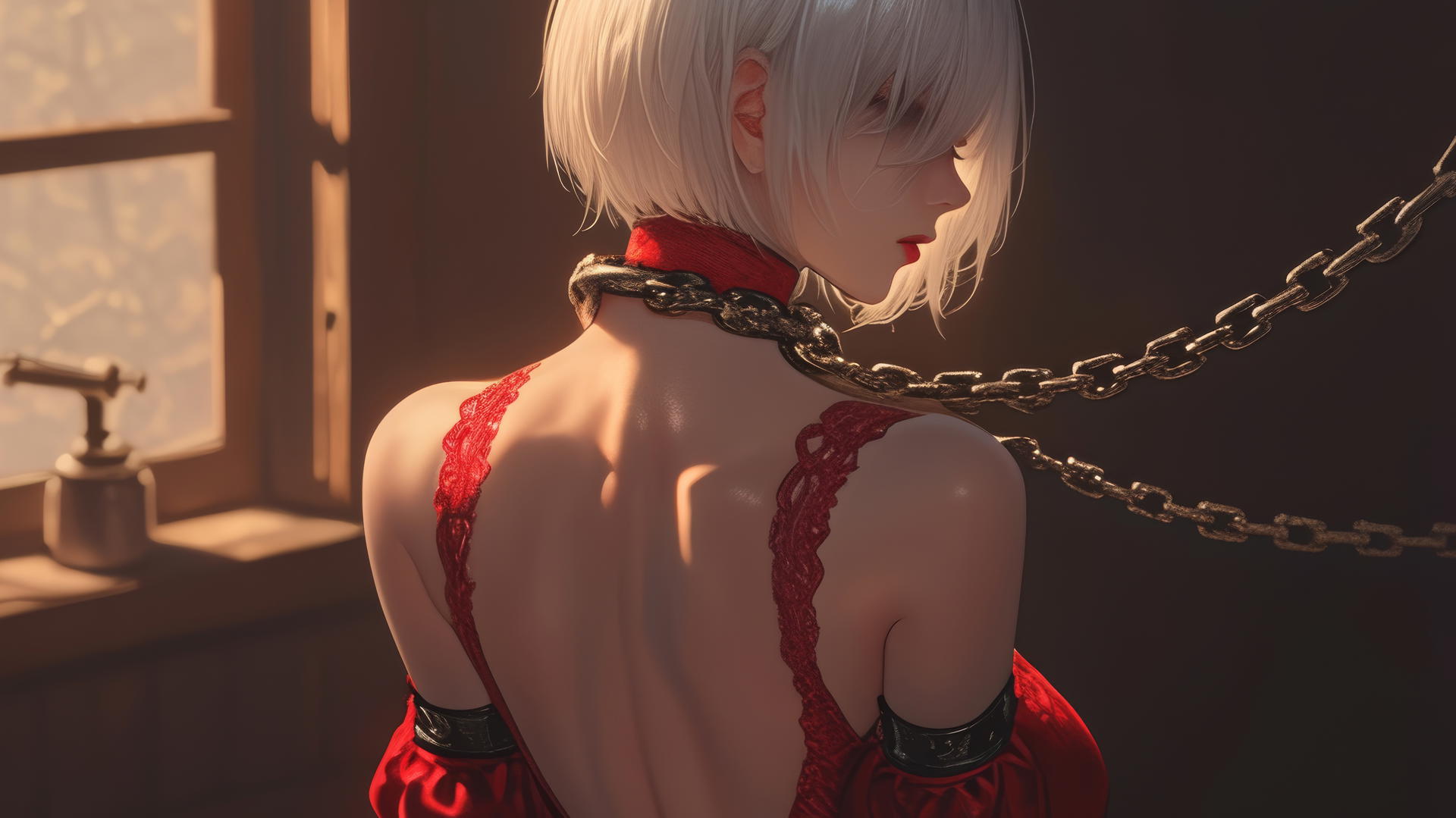 2B from Nier in a red outfit and blindfold, chained by the neck, in a softly lit modern apartment.
