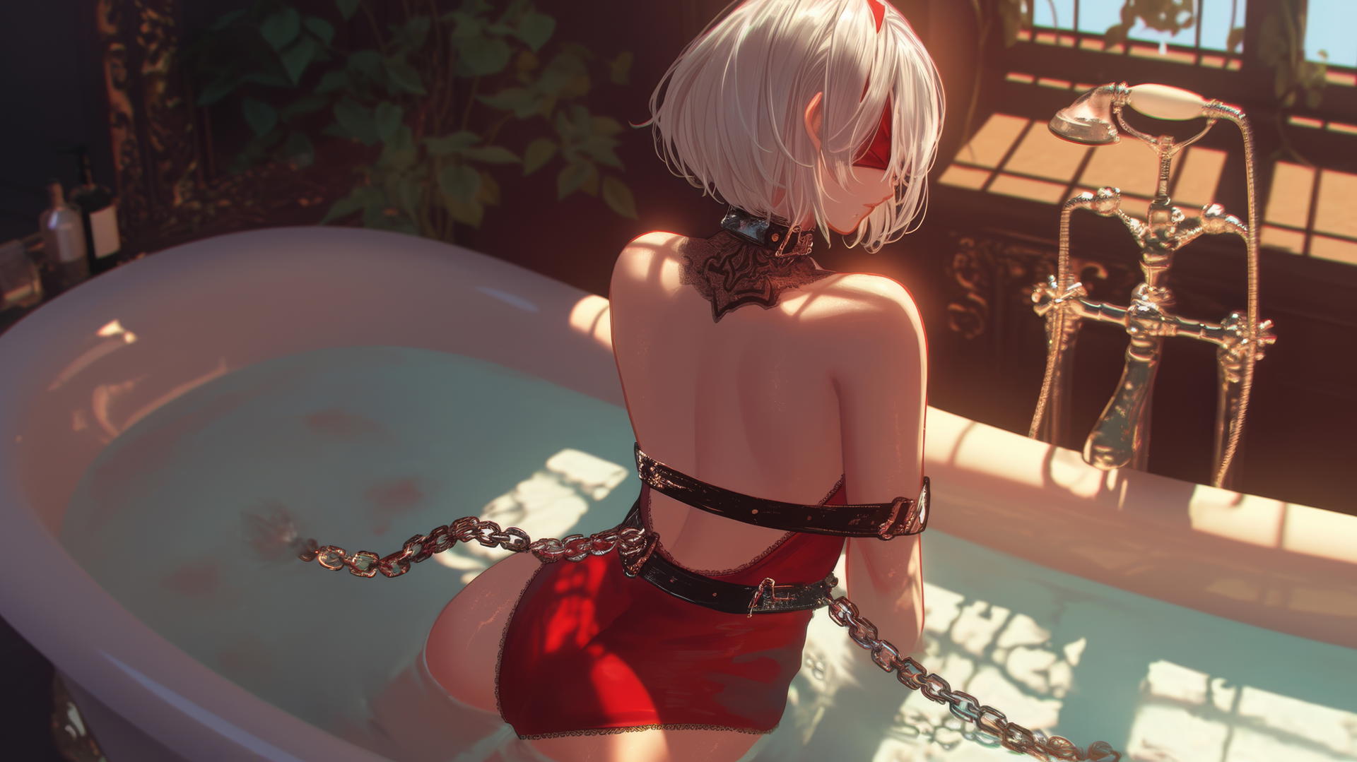 2B from Nier in a modern apartment, neck locked with thick iron chains, wearing all red, blindfolded, soft warm light