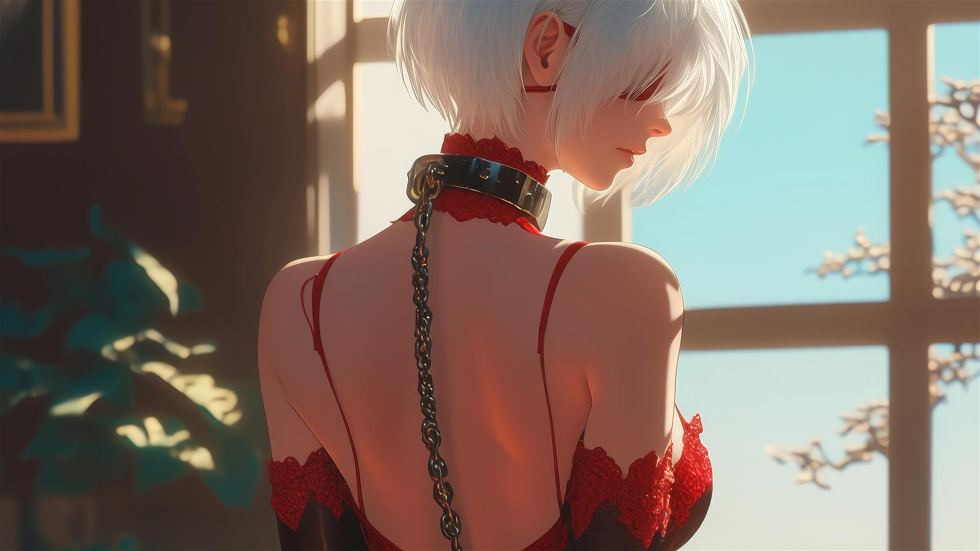 2B from Nier in red attire, neck chained, blindfolded, warm hotel lighting