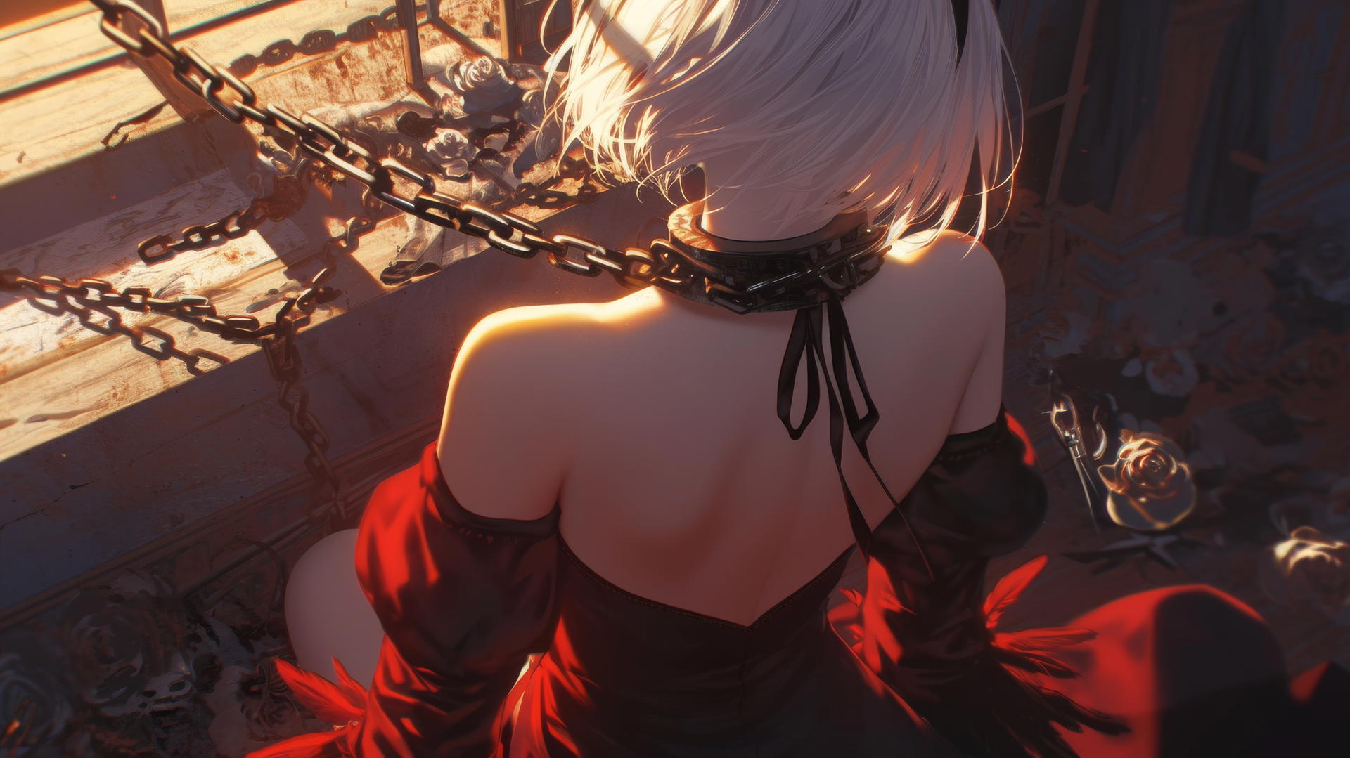 2B from Nier with neck locked in iron chains, wearing red blindfold, soft glow