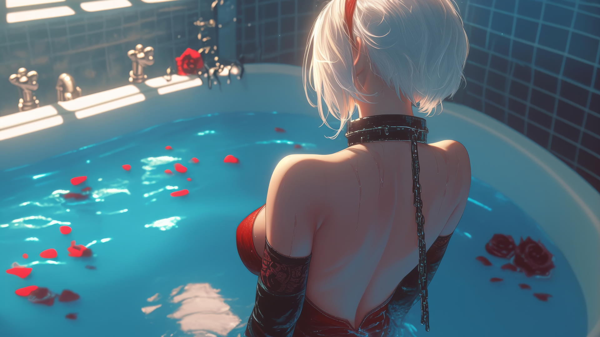 2B from Nier in red outfit, neck chained, wearing a red blindfold in a warm-lit modern apartment.