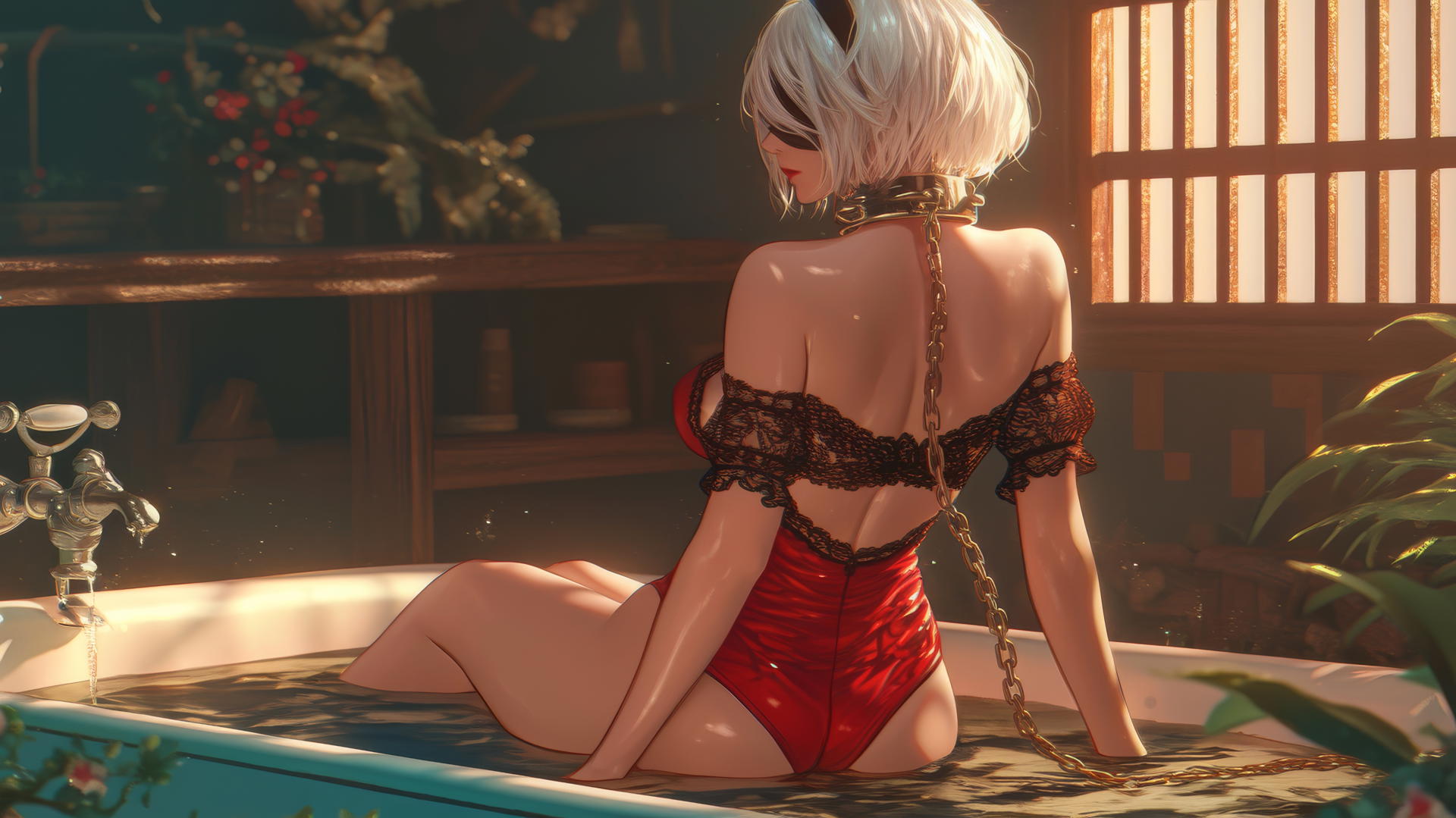2B from Nier stands in modern apartment, neck chained, in red attire