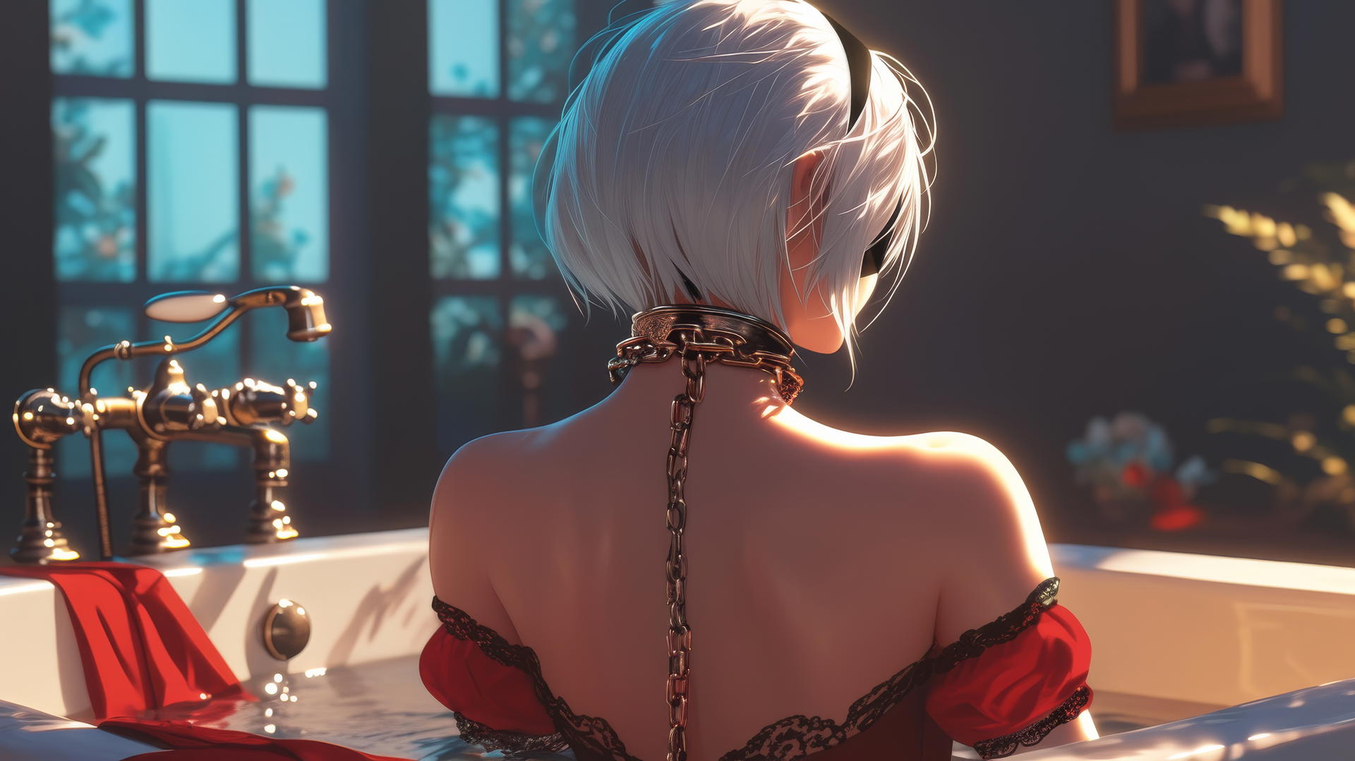 2B from Nier in red with iron chains, blindfolded, in warm-lit modern apartment