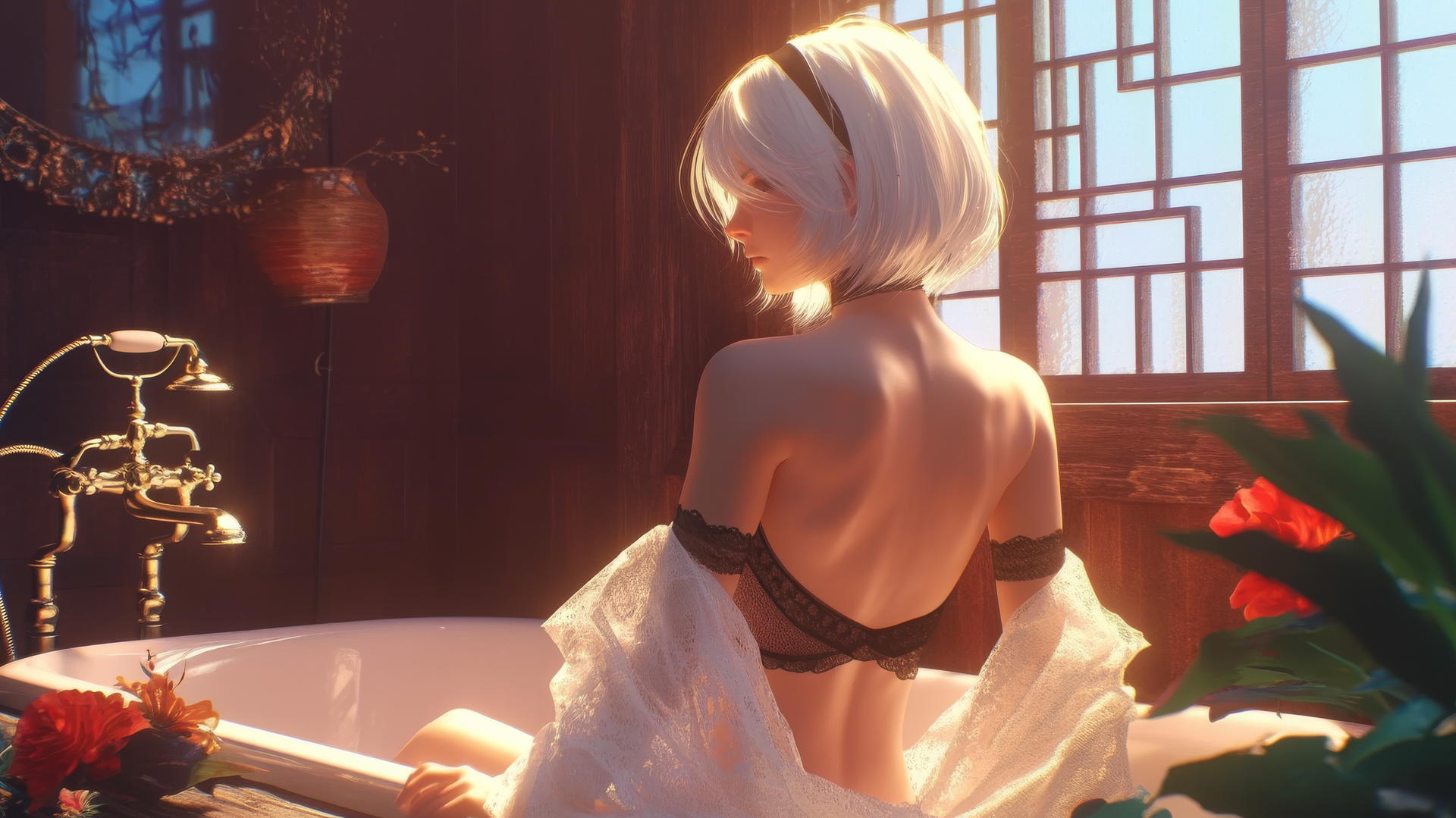 Looking 2B from Nier from behind in a white outfit at a modern apartment tub