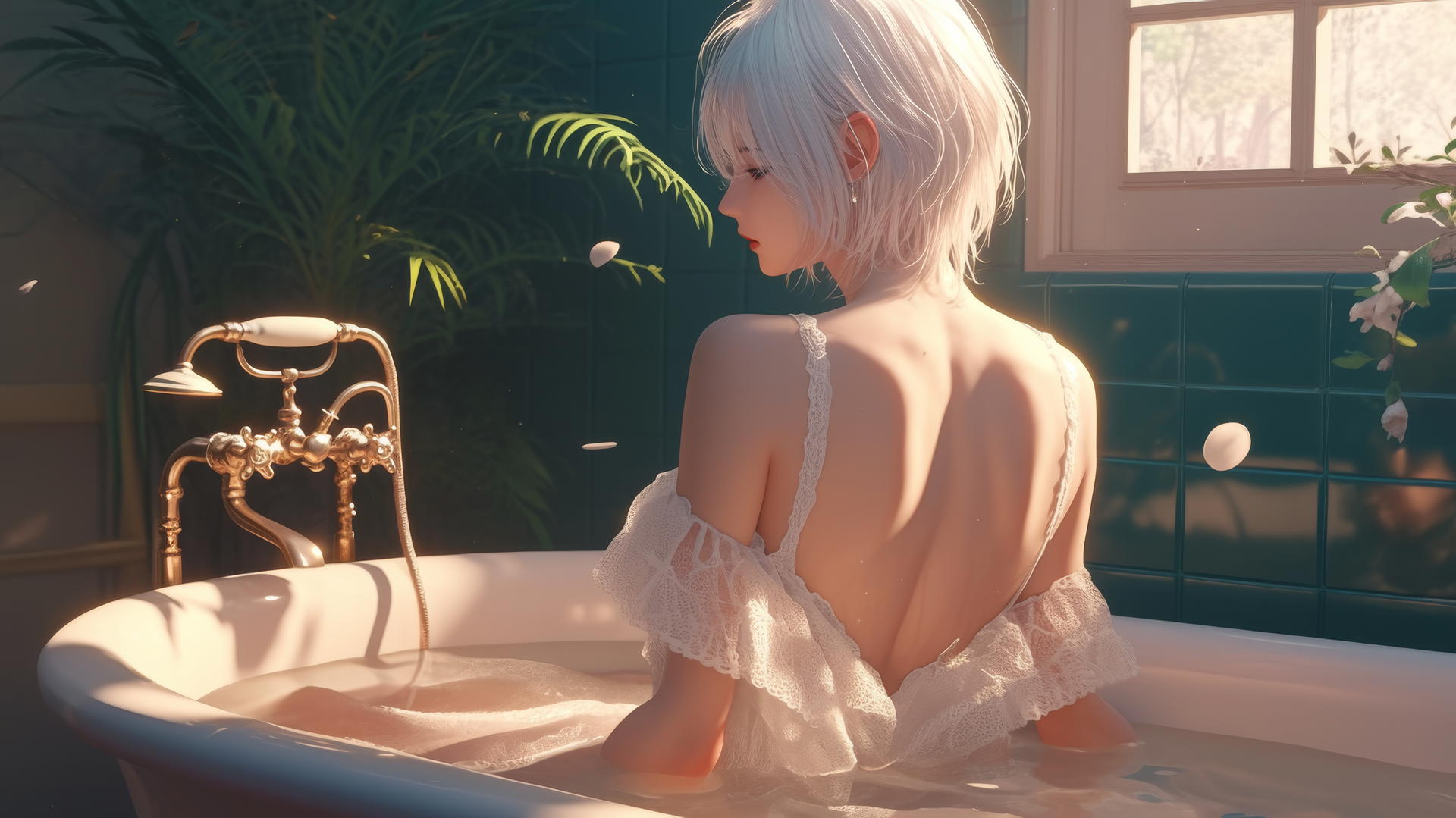 2B from Nier in white, back view, in modern apartment with warm lighting