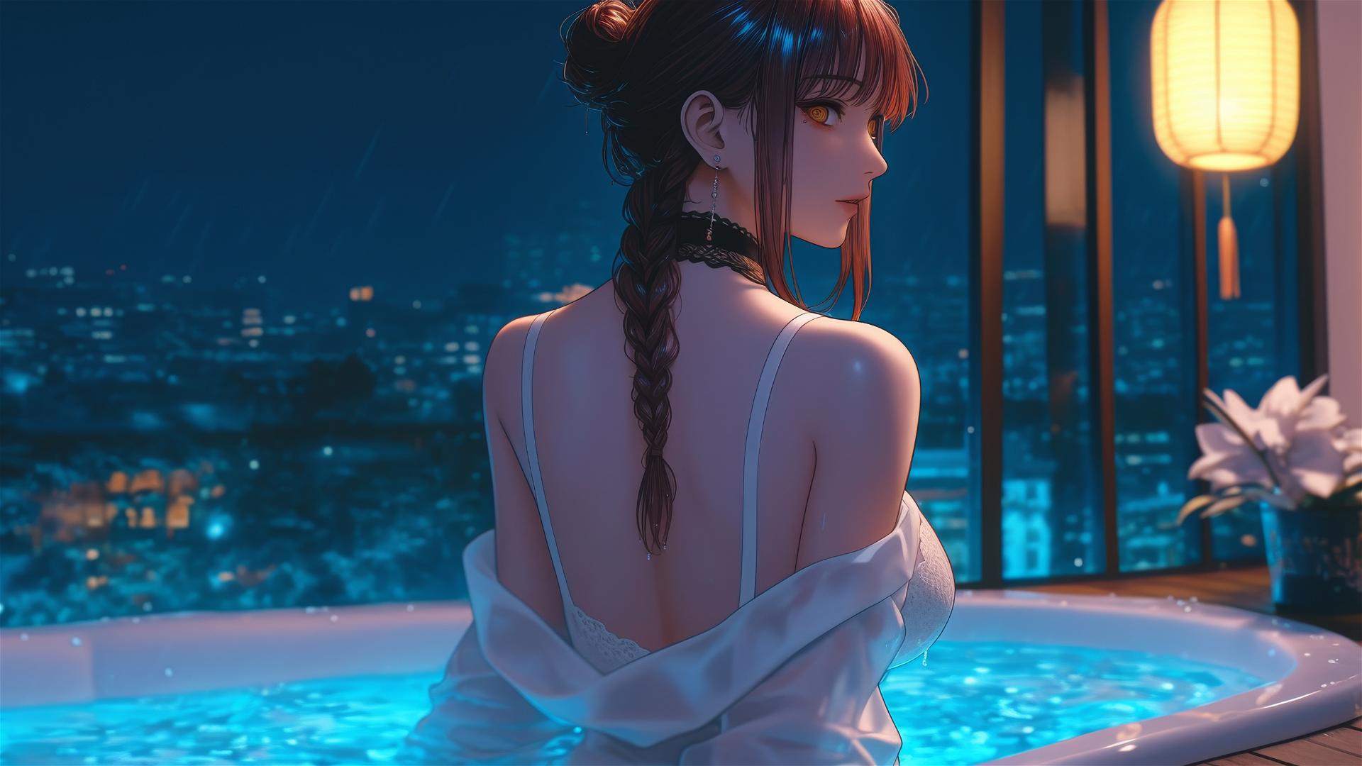 Makima from Chainsaw Man seen from behind, in white, at a tub in a modern apartment with warm lighting.