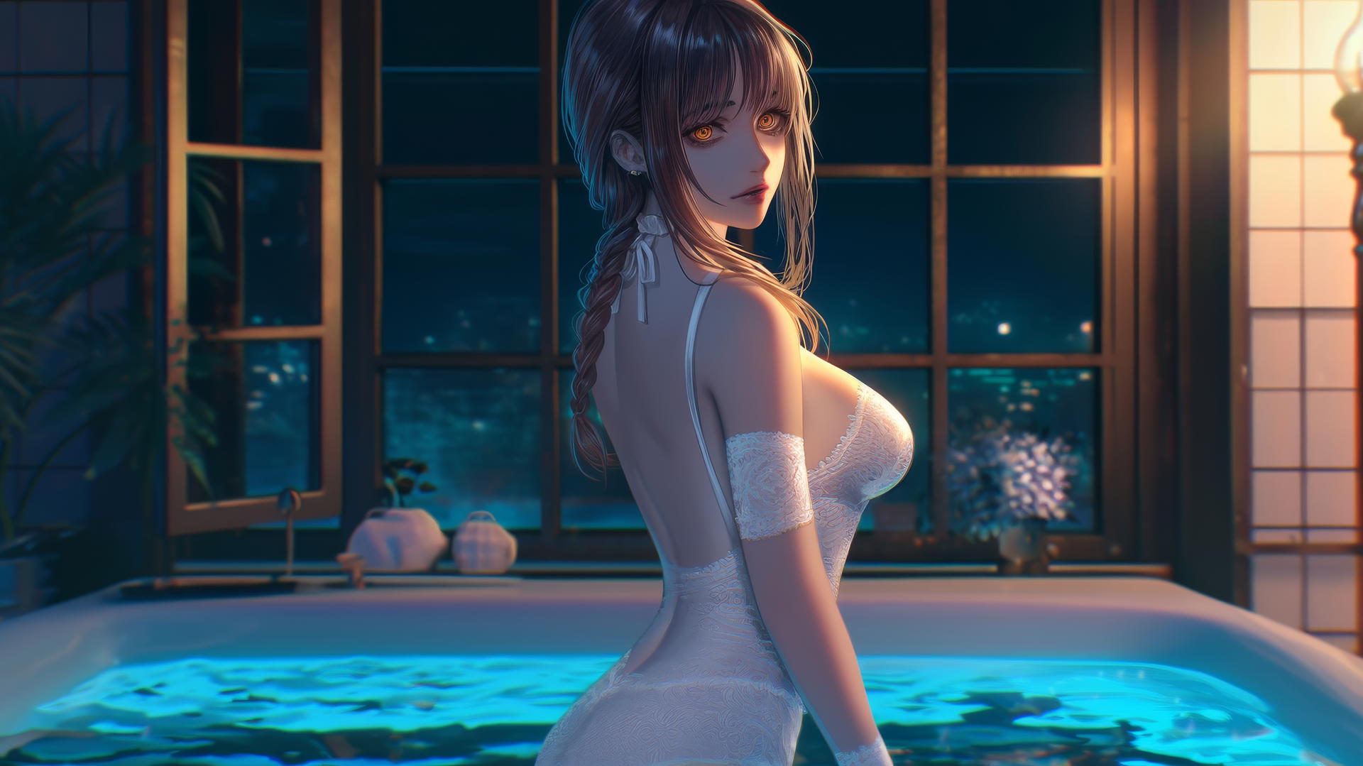 Makima from Chainsaw Man viewed from behind in a modern apartment bathtub, warmly lit