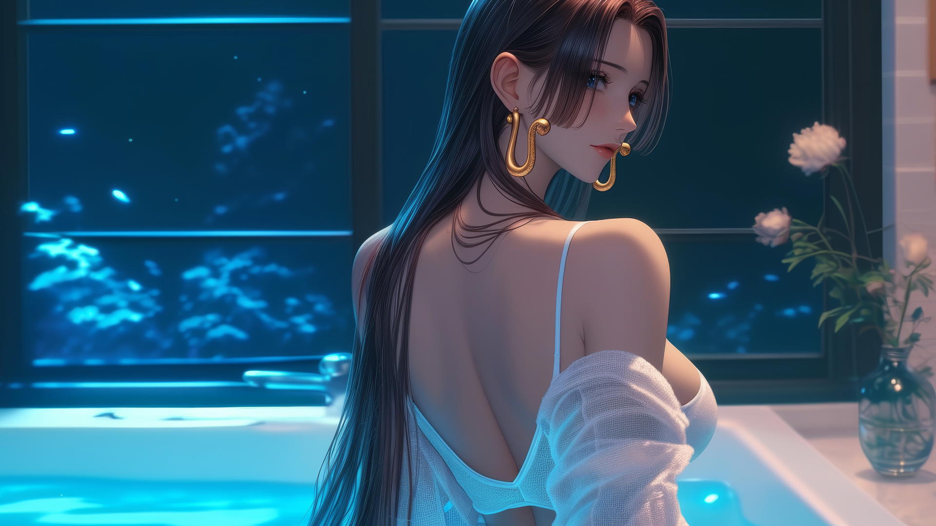 Boa Hancock from One Piece standing in a modern apartment tub, warm light glow