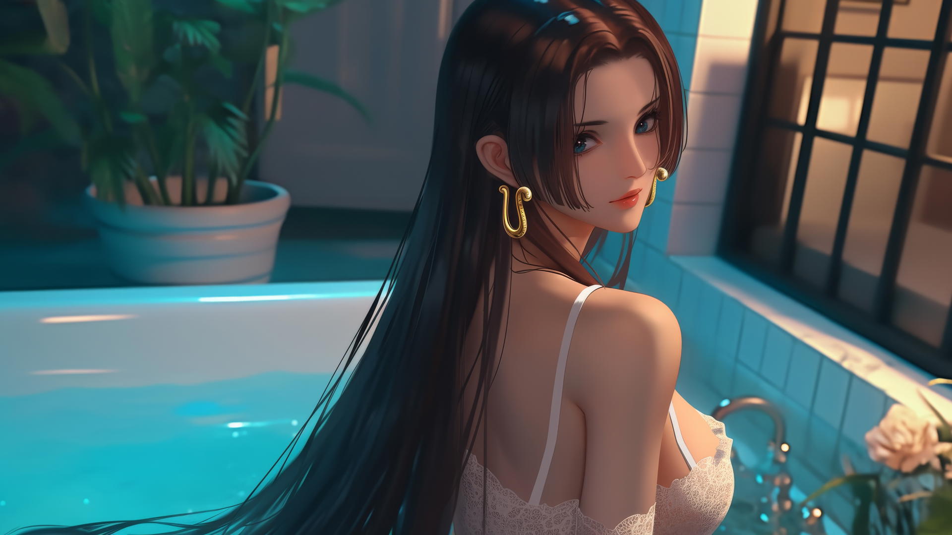 Boa Hancock from One Piece seen from behind in a modern apartment tub, warm light glow.