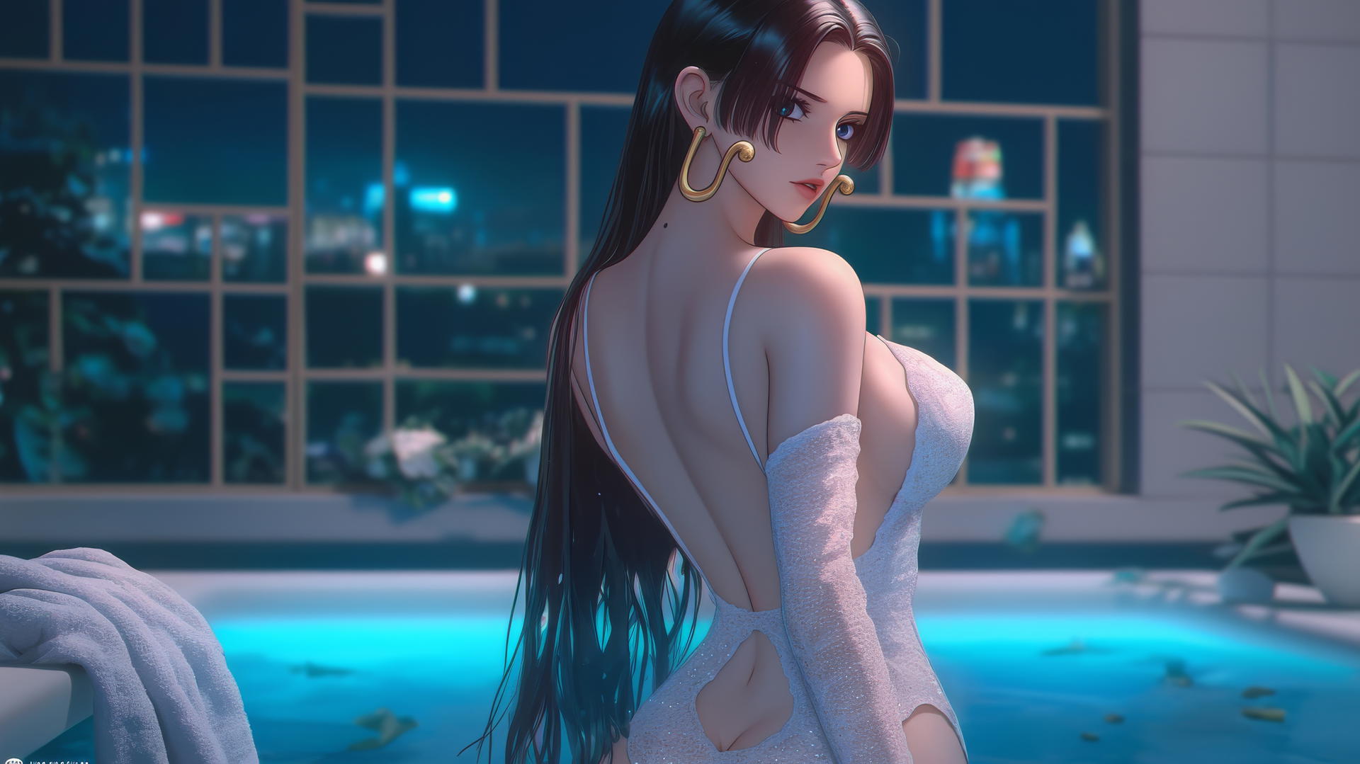 Boa Hancock from One Piece, viewed from behind, in a modern apartment, warm light glow