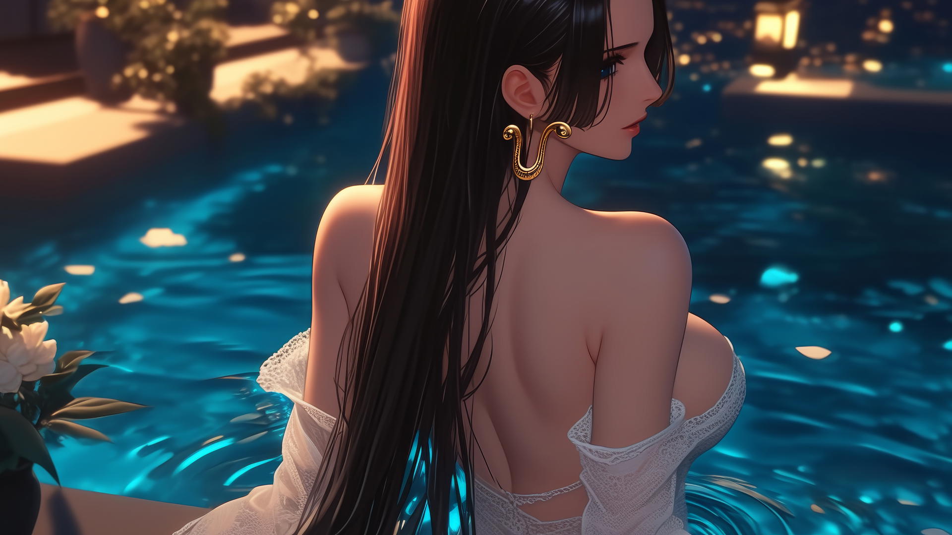 Boa Hancock from One Piece, seen from behind in a white outfit, at a tub in a modern apartment with warm light.