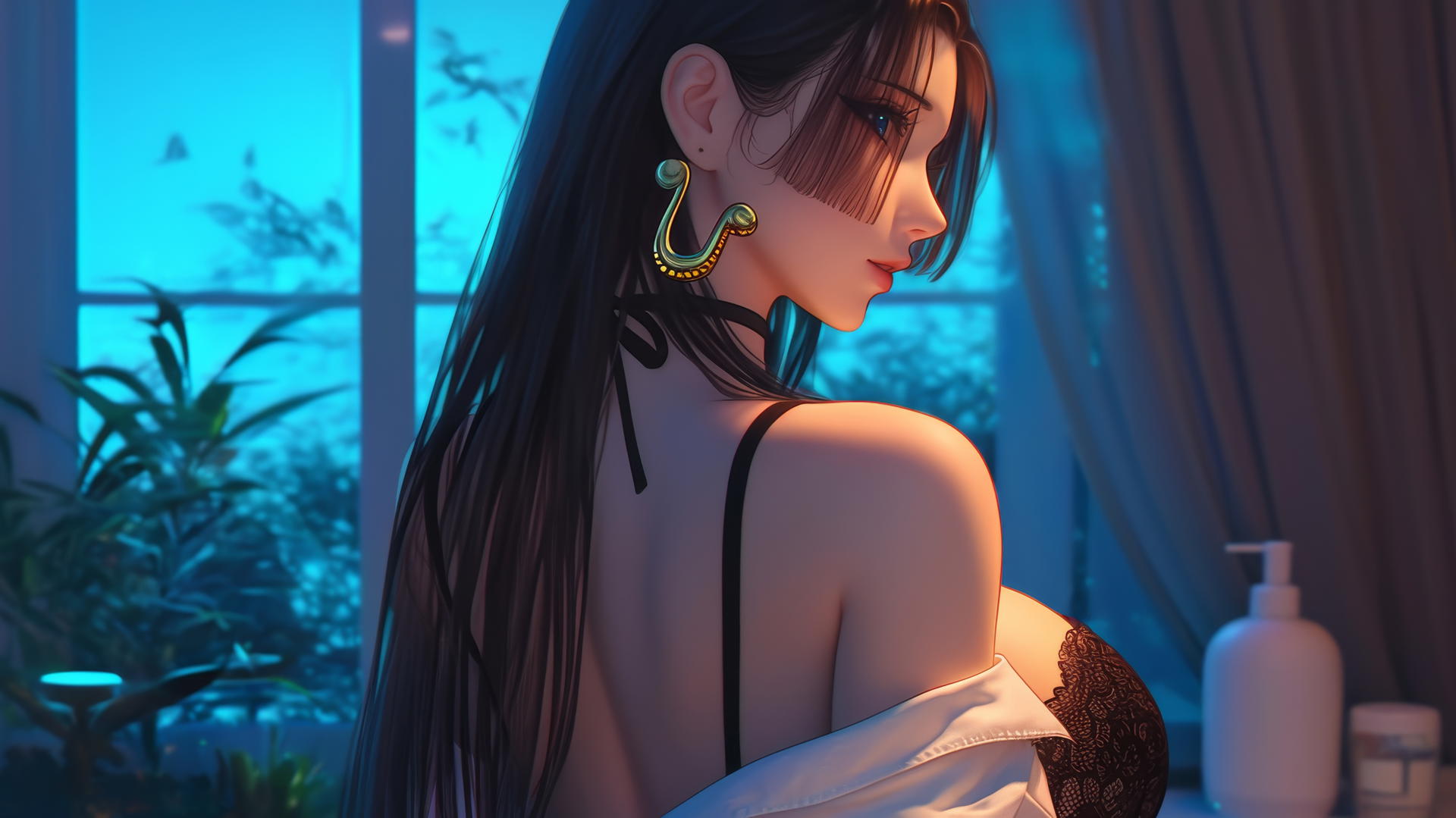 Boa Hancock from One Piece in a modern tub, back view, warm light glow