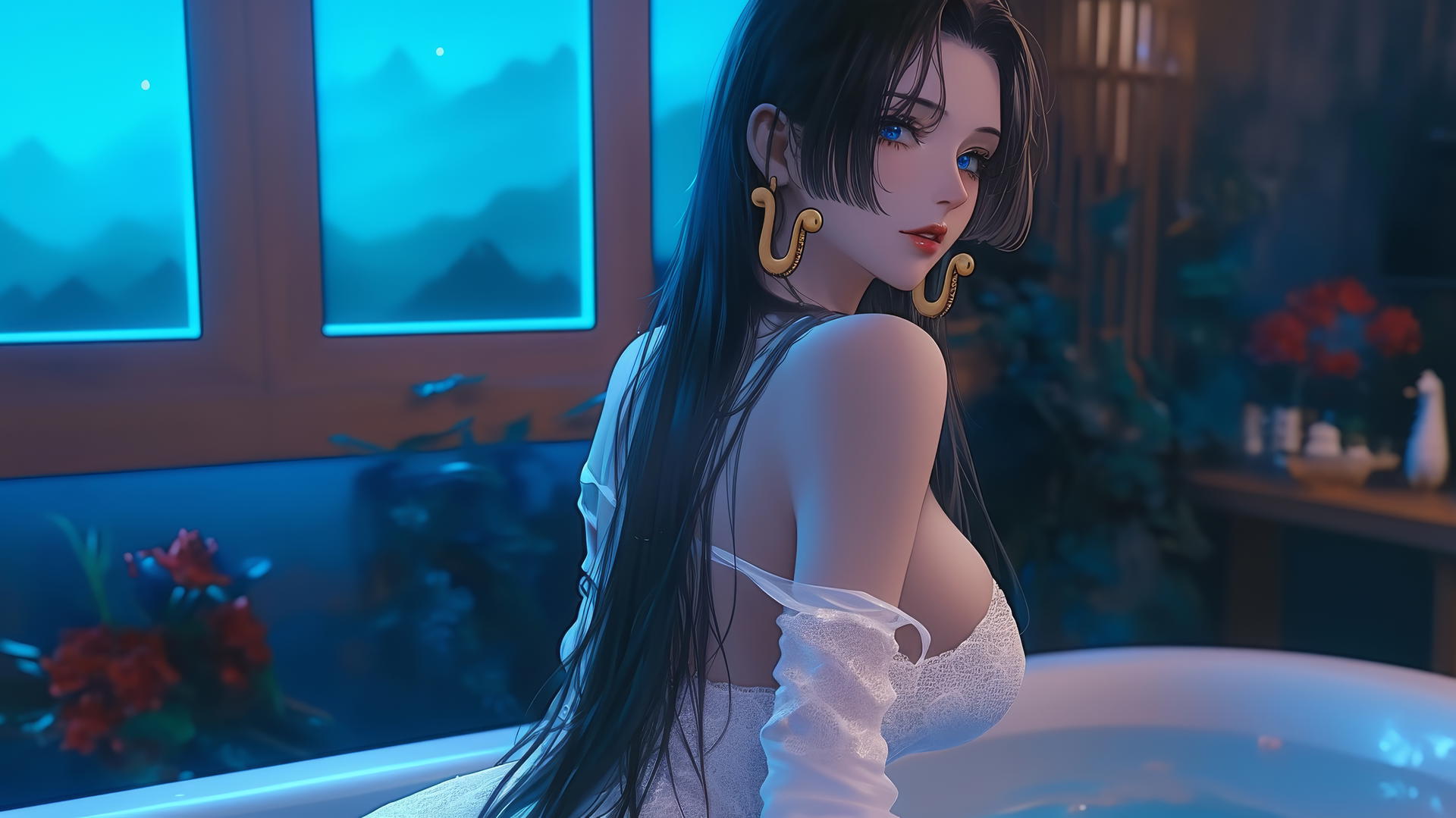 Boa Hancock from One Piece in white attire, standing by a tub, sunrise light glowing.