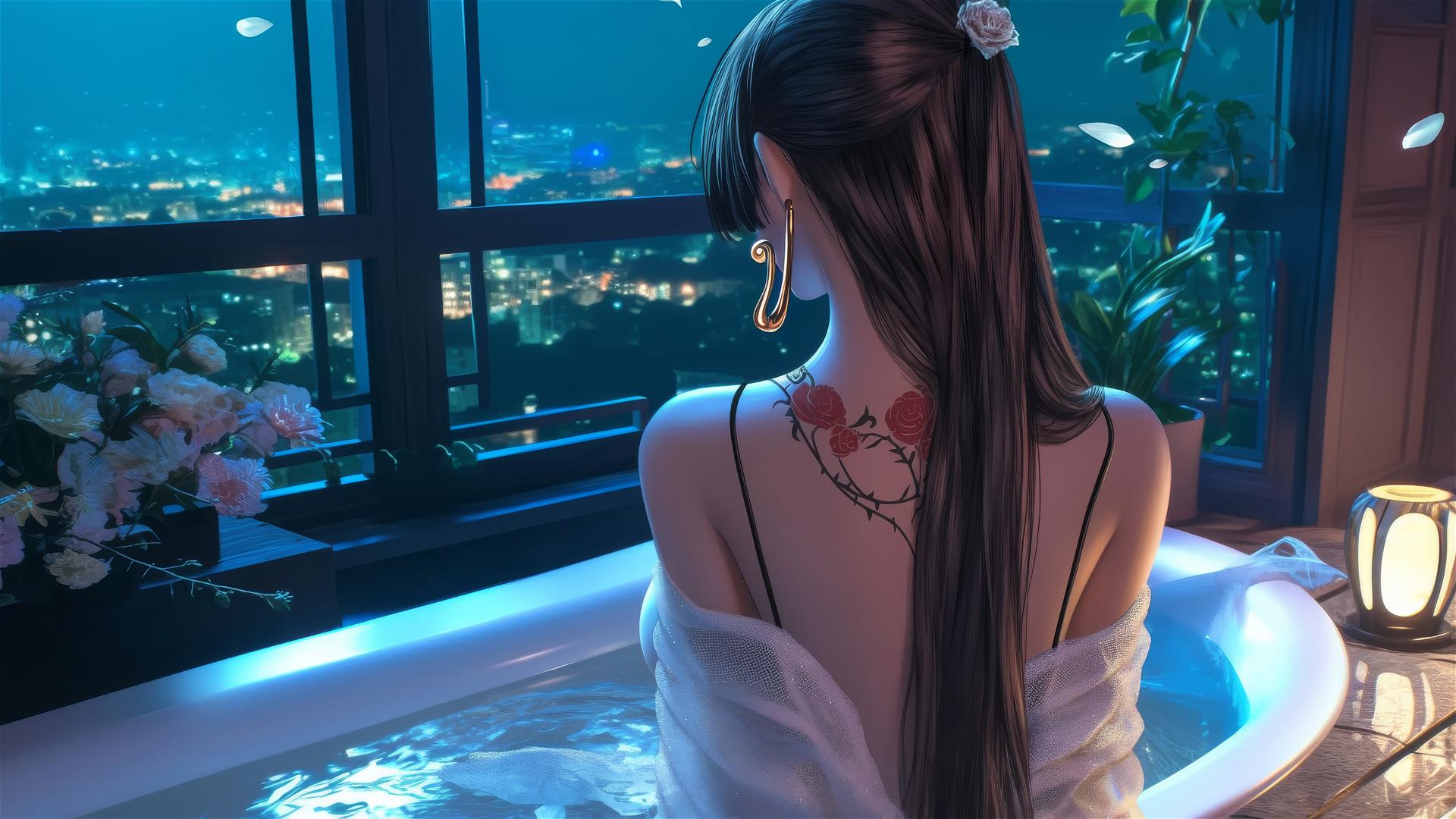 Boa Hancock from One Piece, viewed from behind, wearing white in a tub, warm sunrise glow.