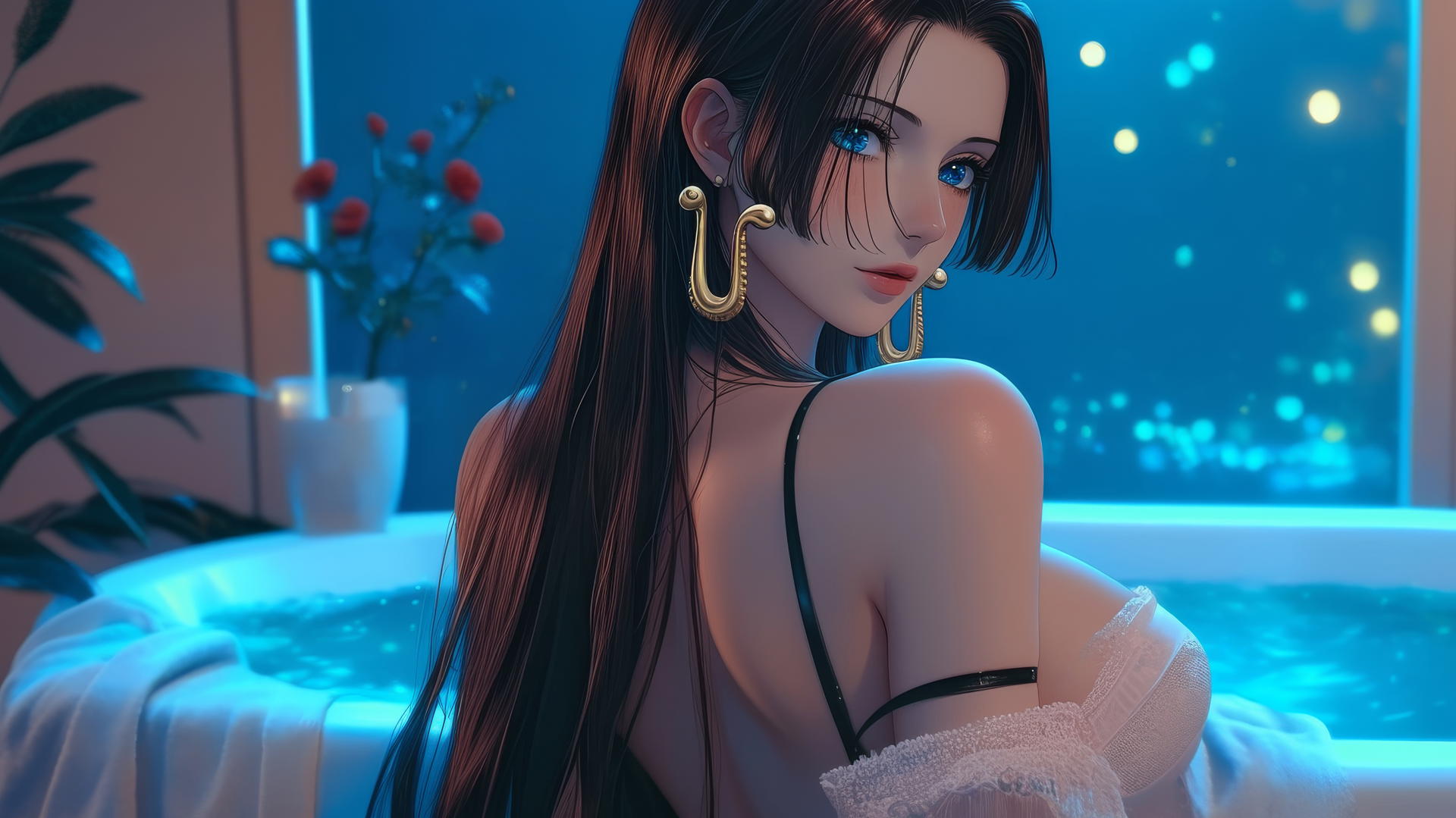 Back view of Boa Hancock from One Piece in white clothing at tub in modern apartment at sunrise, neon glow.