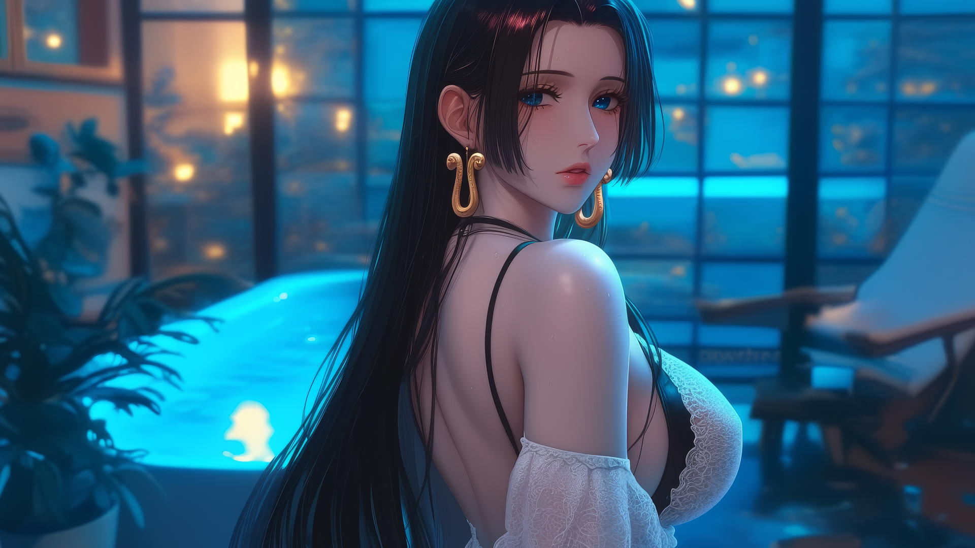 Boa Hancock from One Piece in a modern apartment, back view, at sunrise