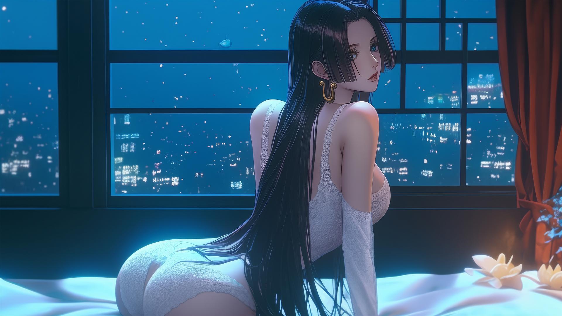Boa Hancock from One Piece in a modern hotel room with neon lights