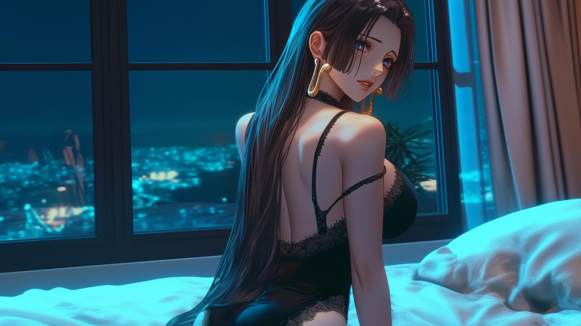 Boa Hancock from One Piece in a modern hotel room, glowing neon light