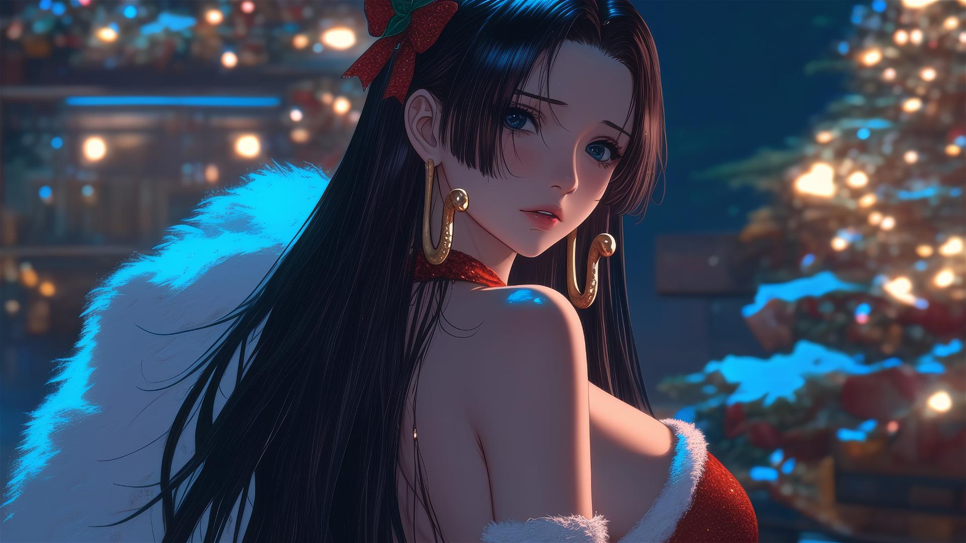 Boa Hancock from One Piece in a creative red Christmas costume surrounded by decorations, under neon light.