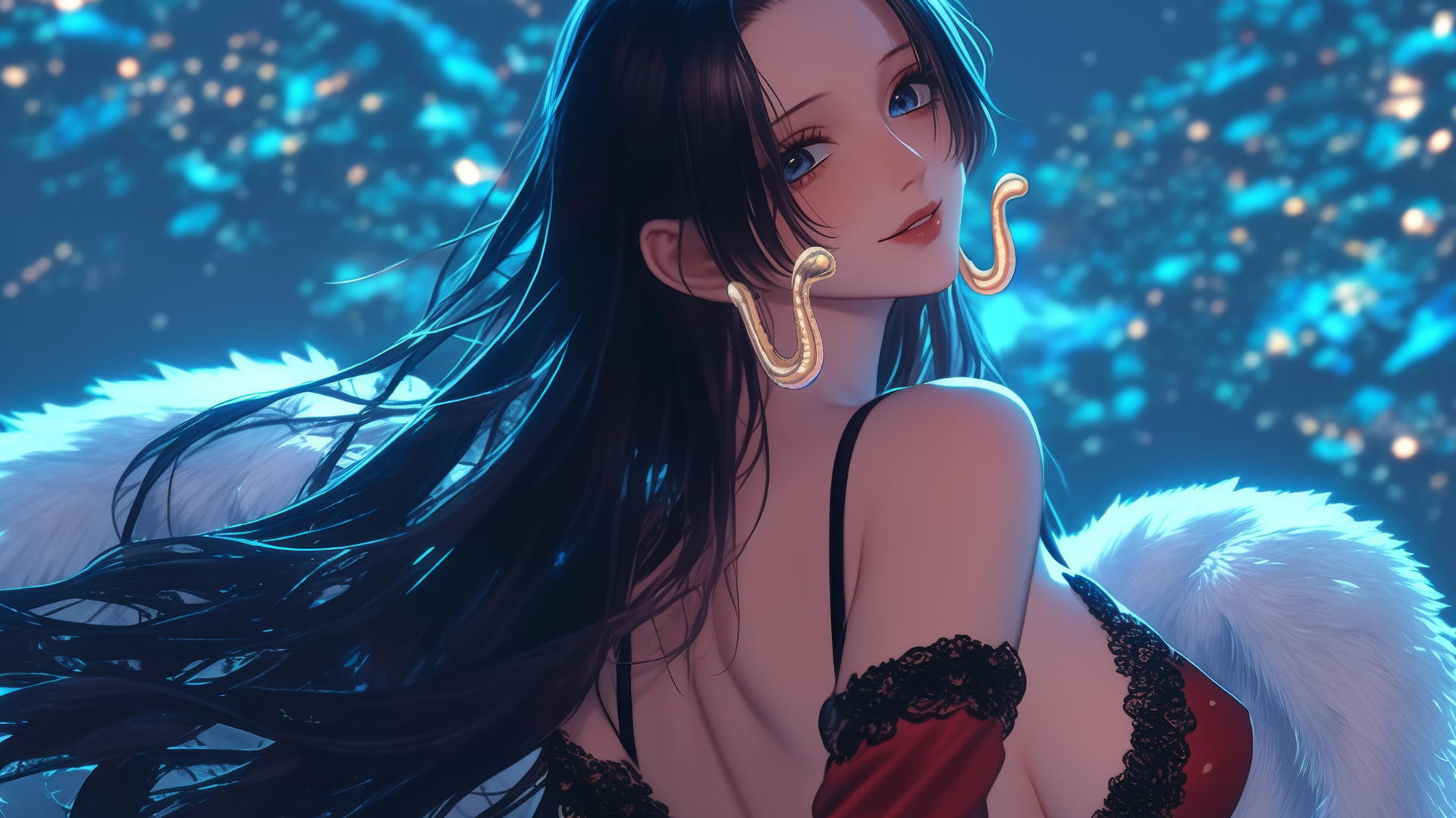 Boa Hancock in a creative red Christmas costume with decorations around, lit by neon light