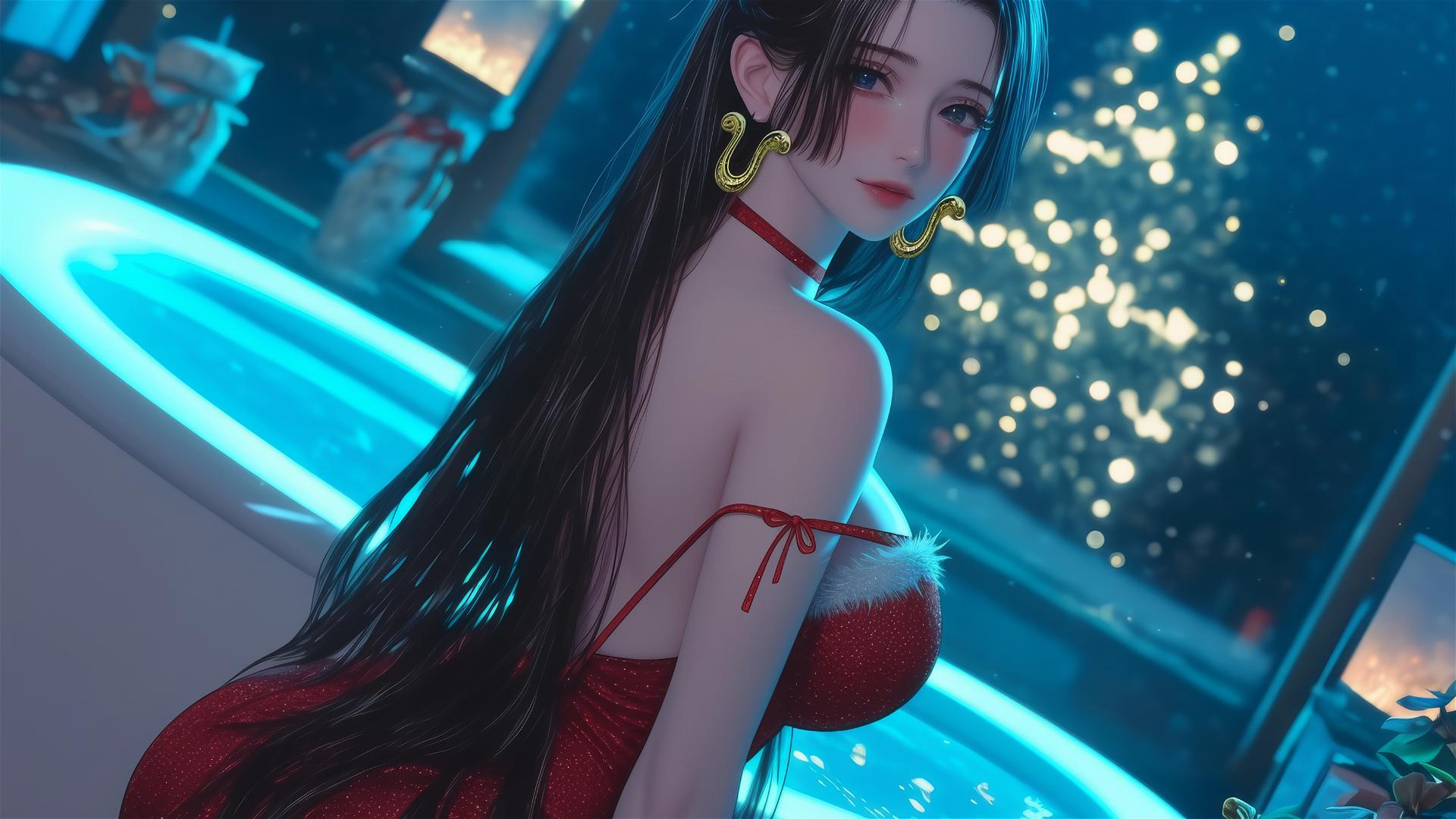 Chasing Boa Hancock from One Piece wearing red Christmas attire in a modern hotel room with neon light glow
