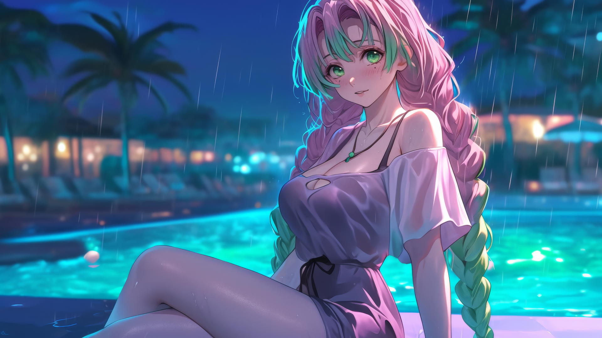 Mitsuri Kanroji resting by a rainy swimming pool under moonlight