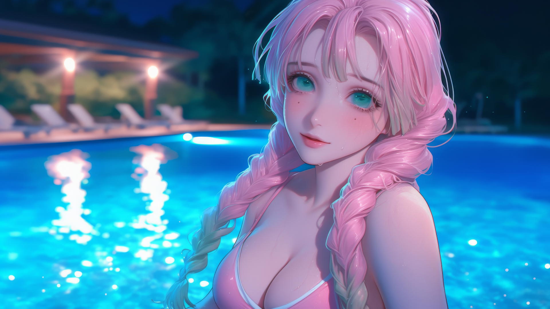 Mitsuri Kanroji from Demon Slayer rests by a rainy pool, moonlit glow, pink dress, pink to lime green hair.