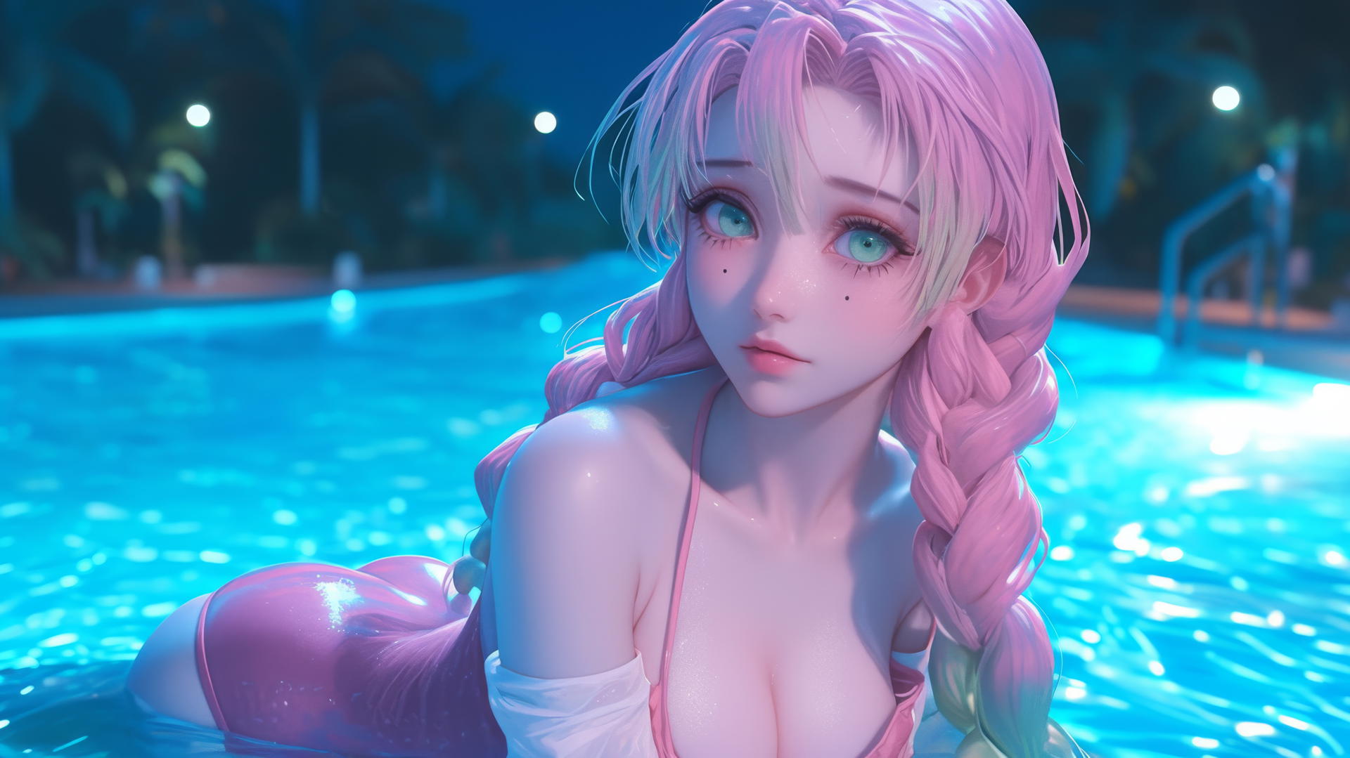 Mitsuri Kanroji by pool under moonlight, pink dress, lime green hair tips