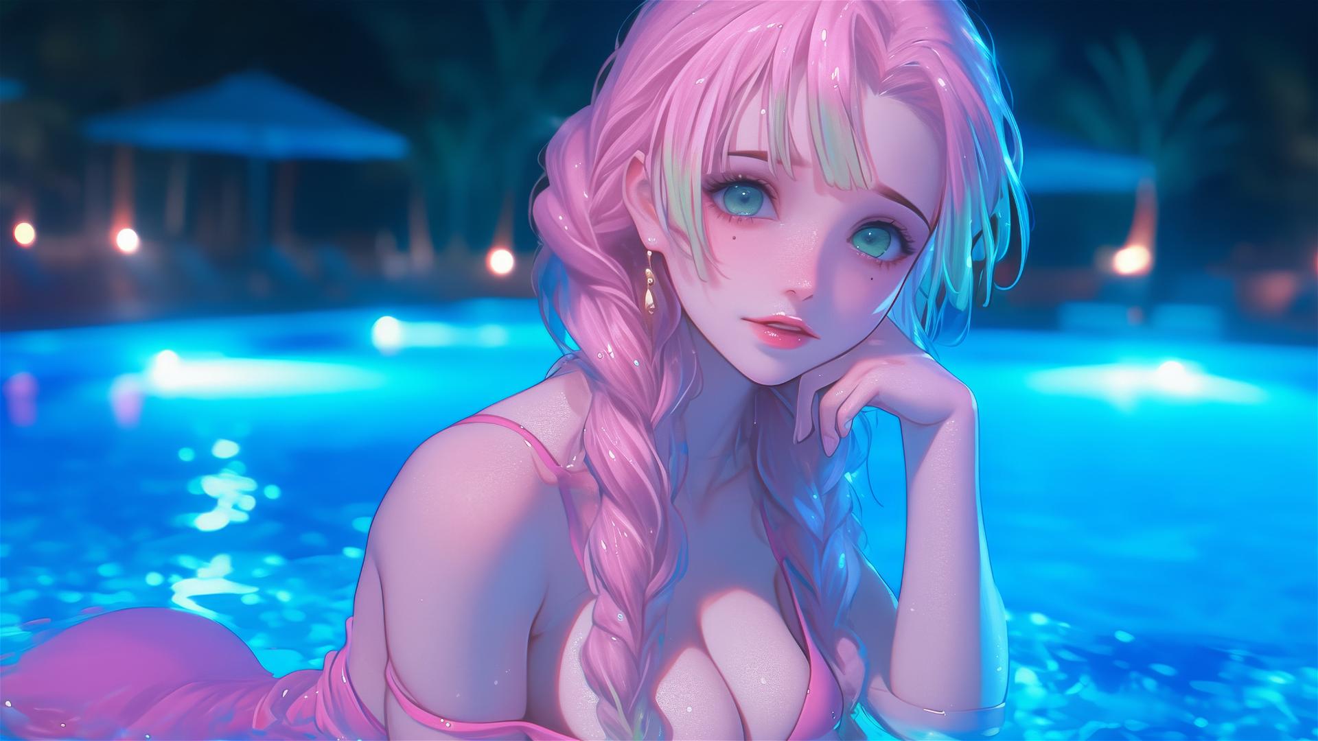 Mitsuri Kanroji resting by a rainy pool under moonlight, pink dress, thigh focus, light pink to lime green hair.