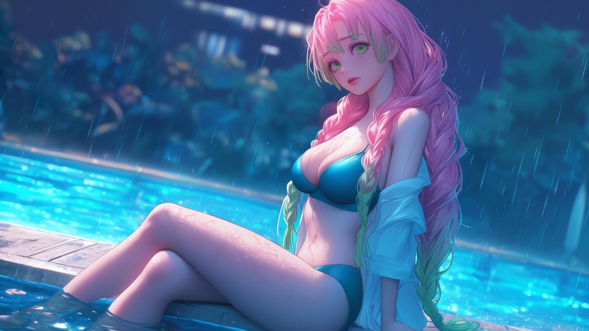 Mitsuri Kanroji from Demon Slayer resting by a rainy pool under moonlight, pink and green hair