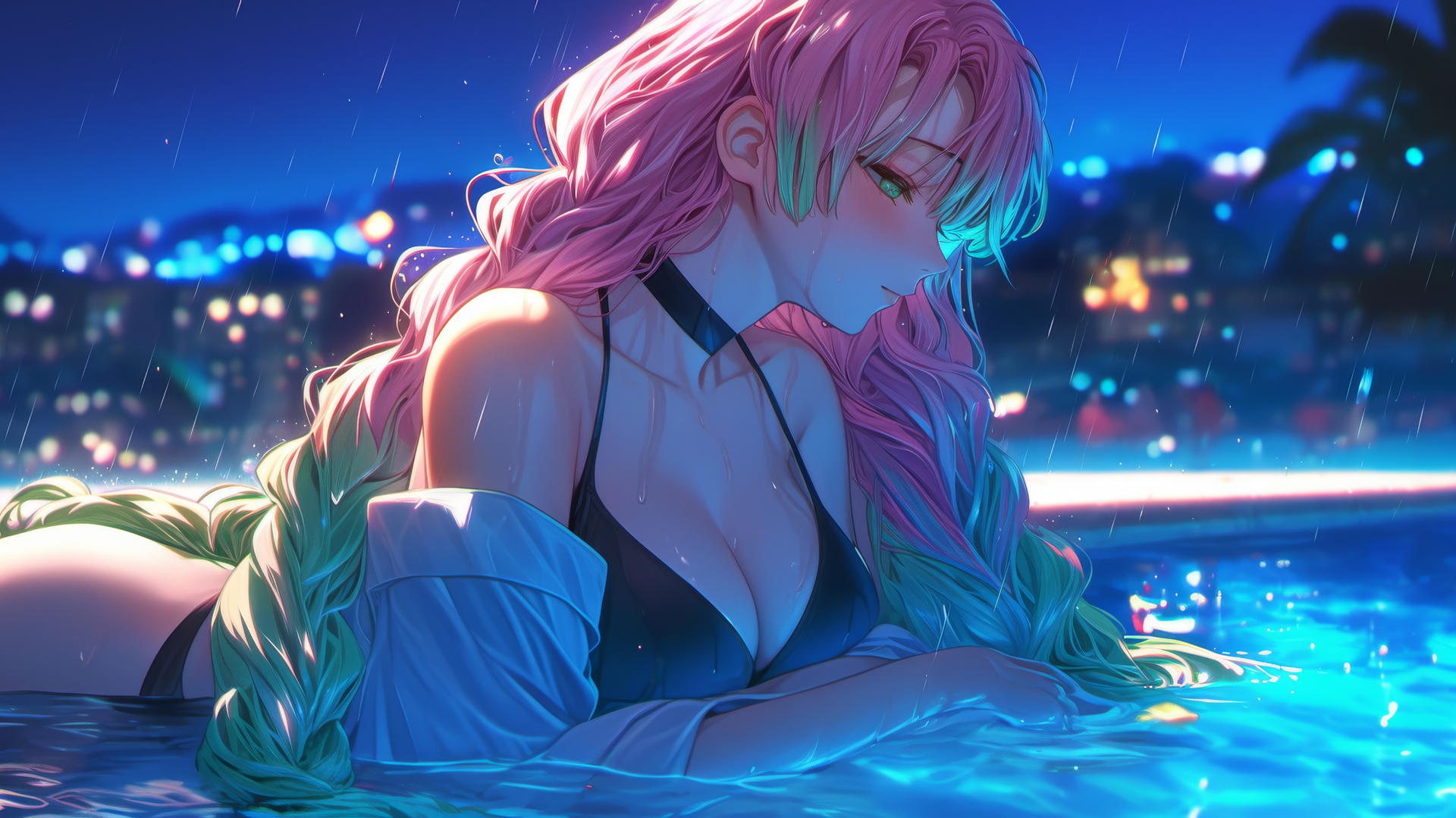 Mitsuri Kanroji rests by a moonlit rainy pool, with pink and lime green hair.