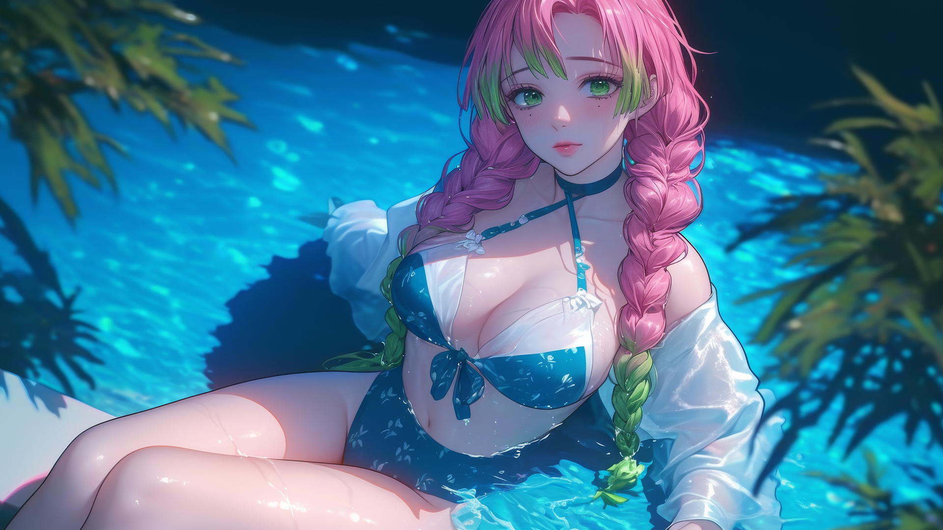 Mitsuri Kanroji resting by a rainy pool under moonlight