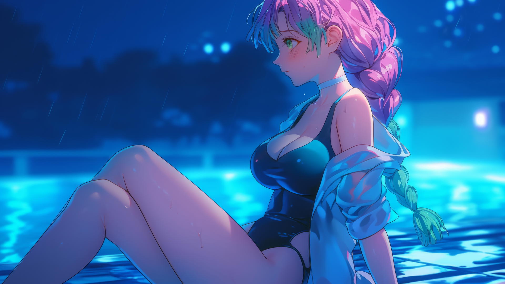 Mitsuri Kanroji from Demon Slayer resting by a rainy pool with moonlight.