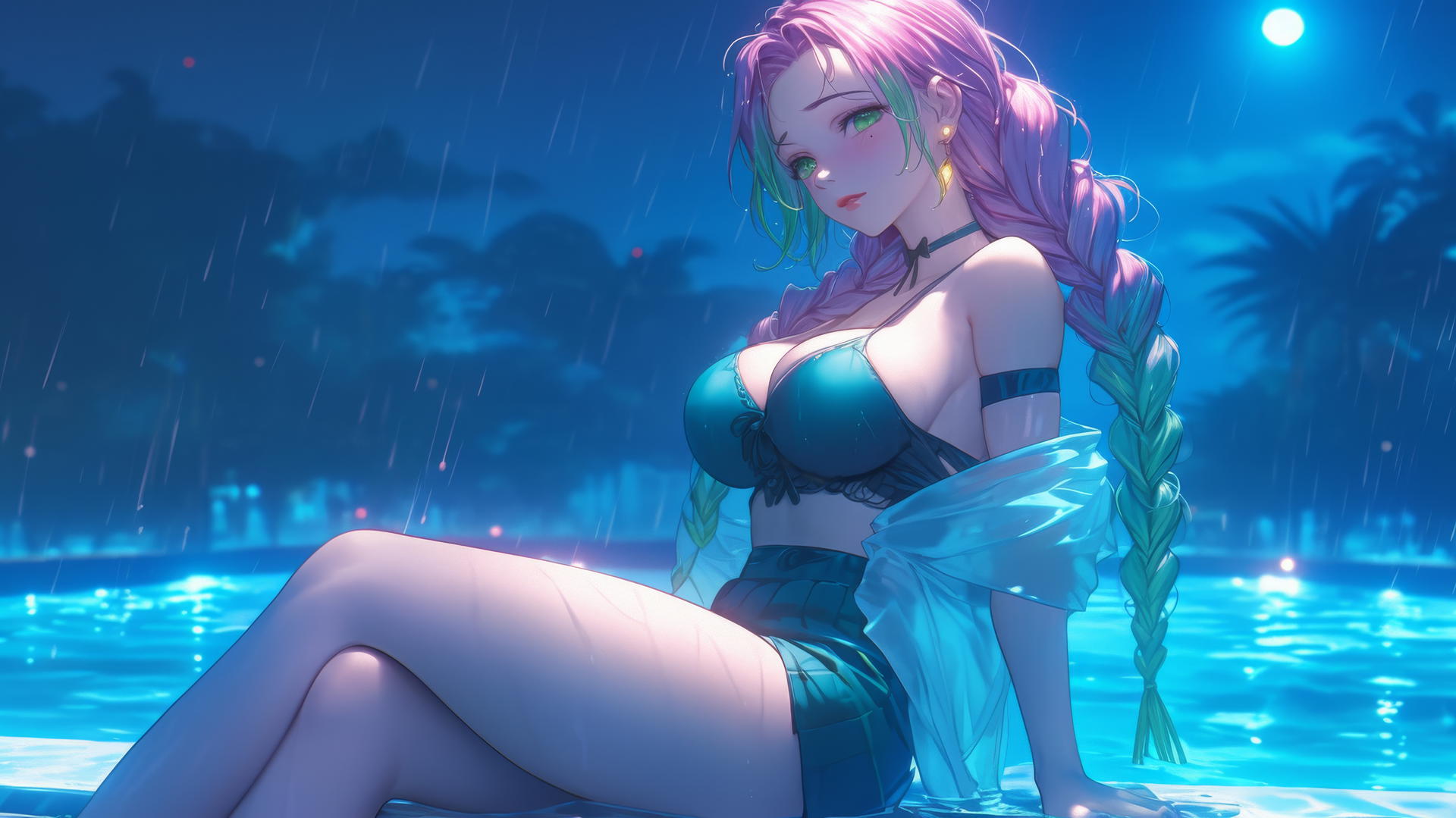 Mitsuri Kanroji resting by a rainy pool under moonlight with pink to lime green hair